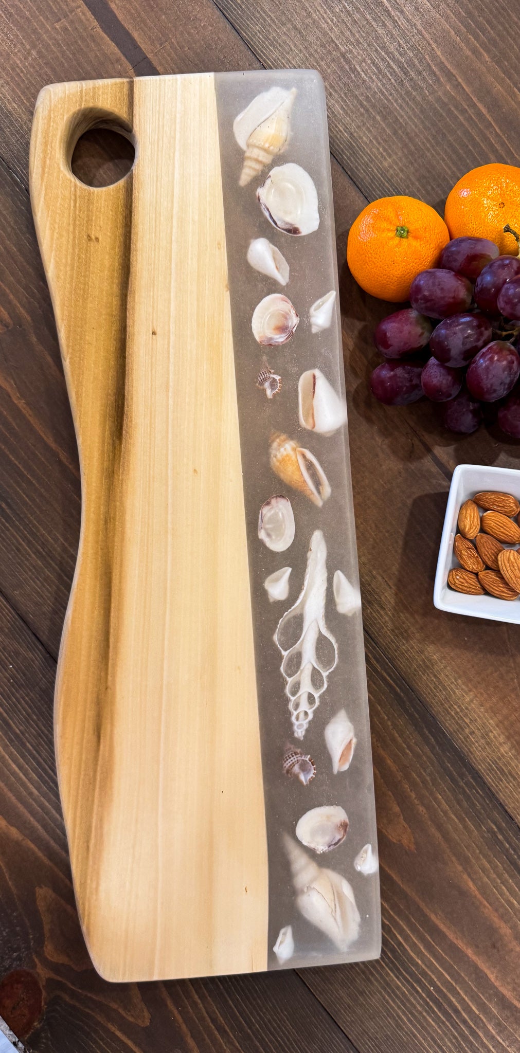Charcuterie Board, Madrone with Shells in Epoxy.