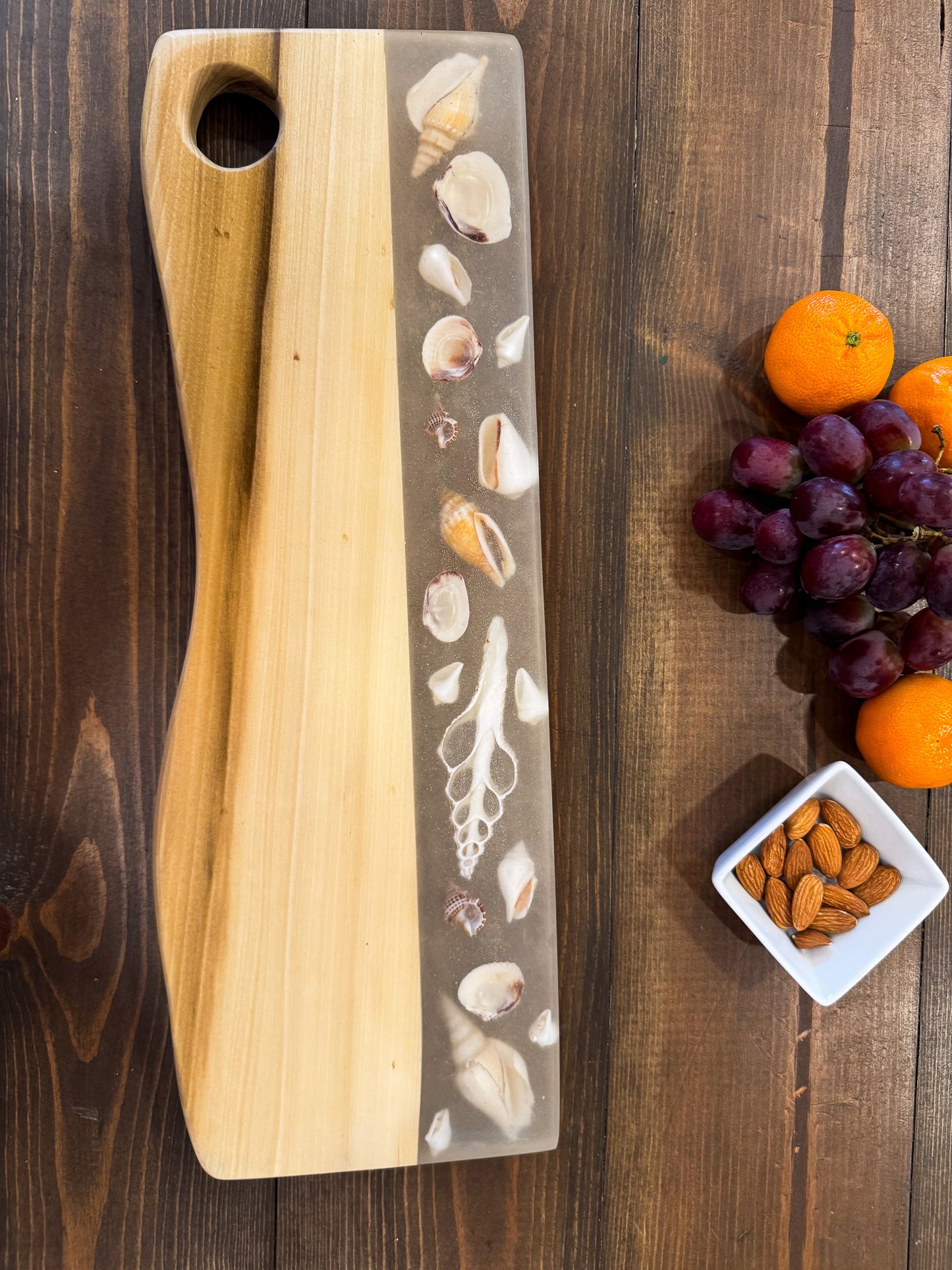 Charcuterie Board, Madrone with Shells in Epoxy.