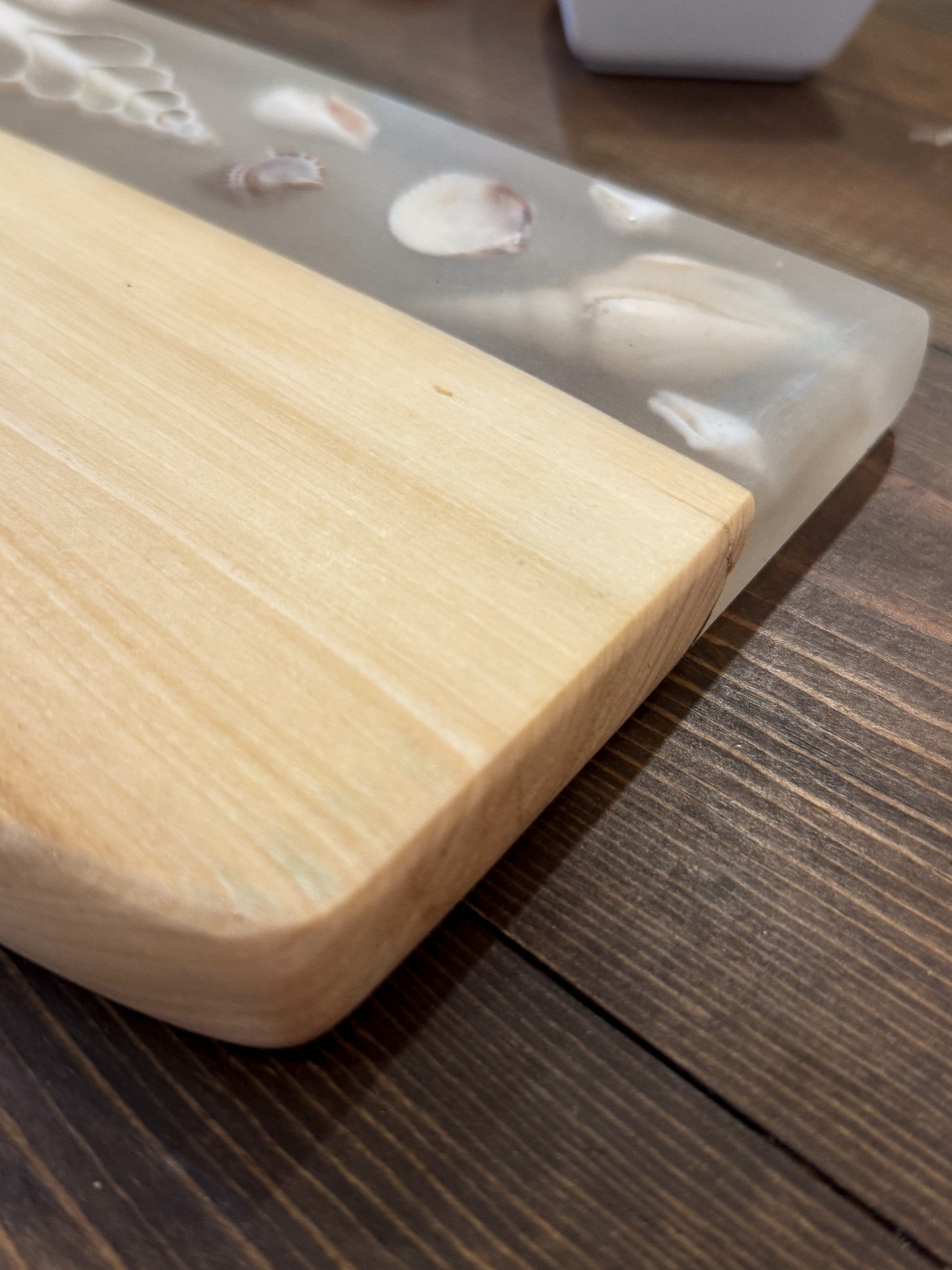 Charcuterie Board, Madrone with Shells in Epoxy.