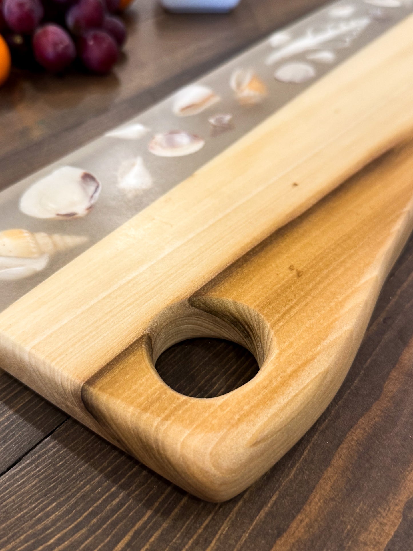 Charcuterie Board, Madrone with Shells in Epoxy.
