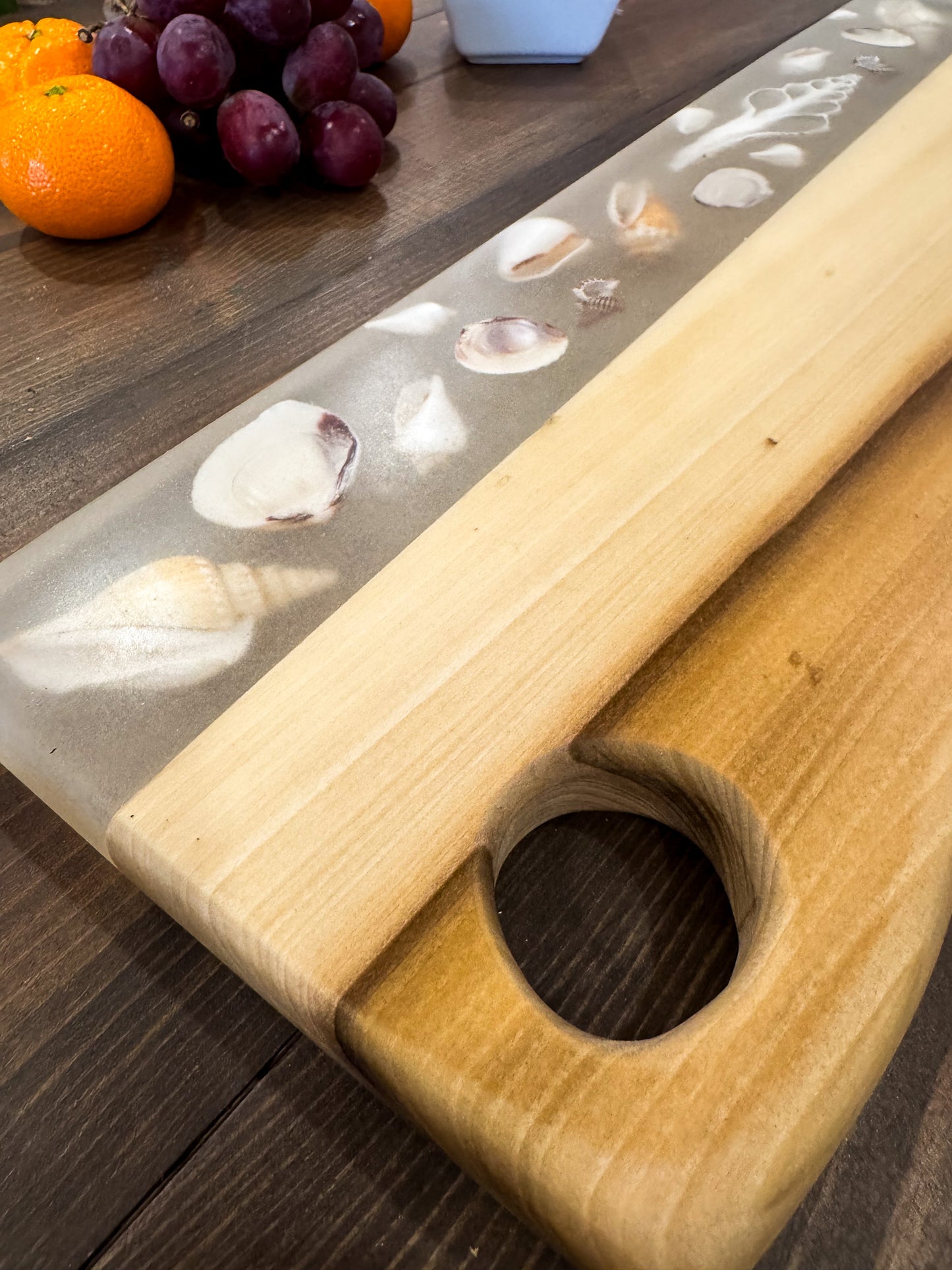 Charcuterie Board, Madrone with Shells in Epoxy.