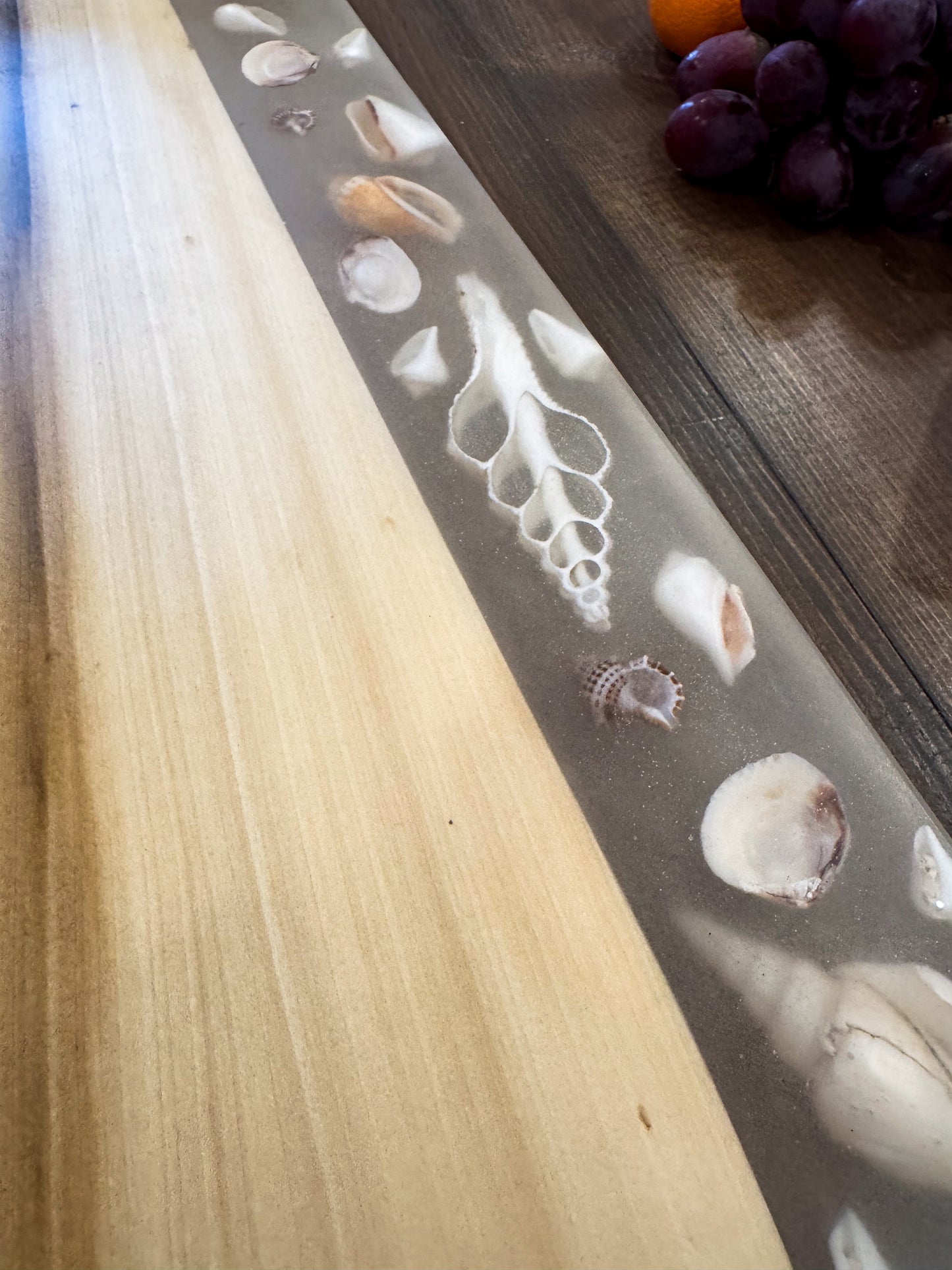 Charcuterie Board, Madrone with Shells in Epoxy.