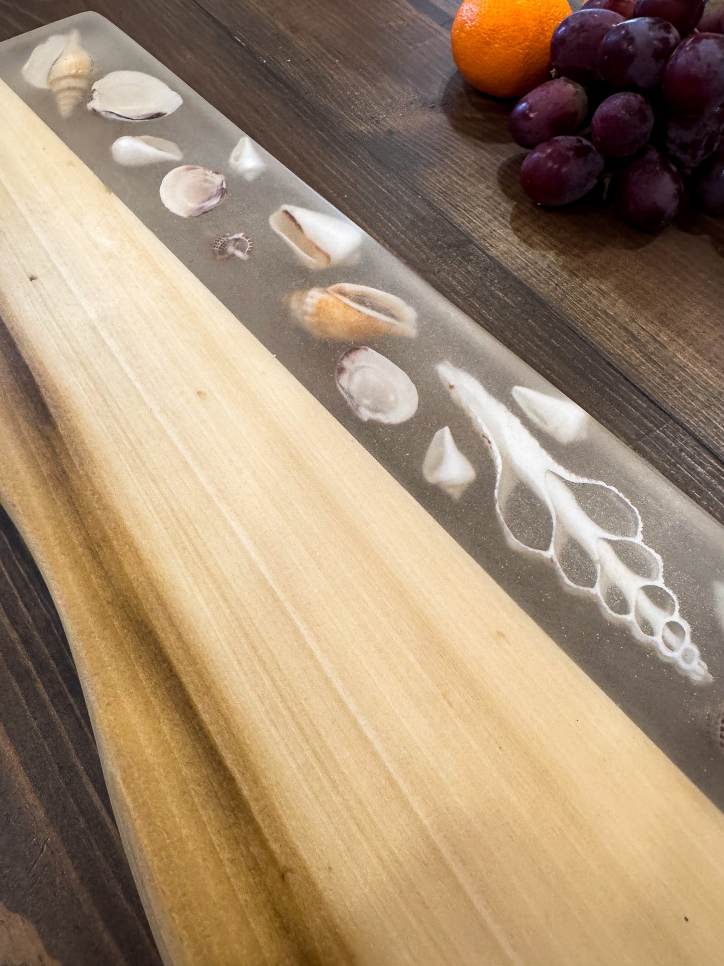 Charcuterie Board, Madrone with Shells in Epoxy.