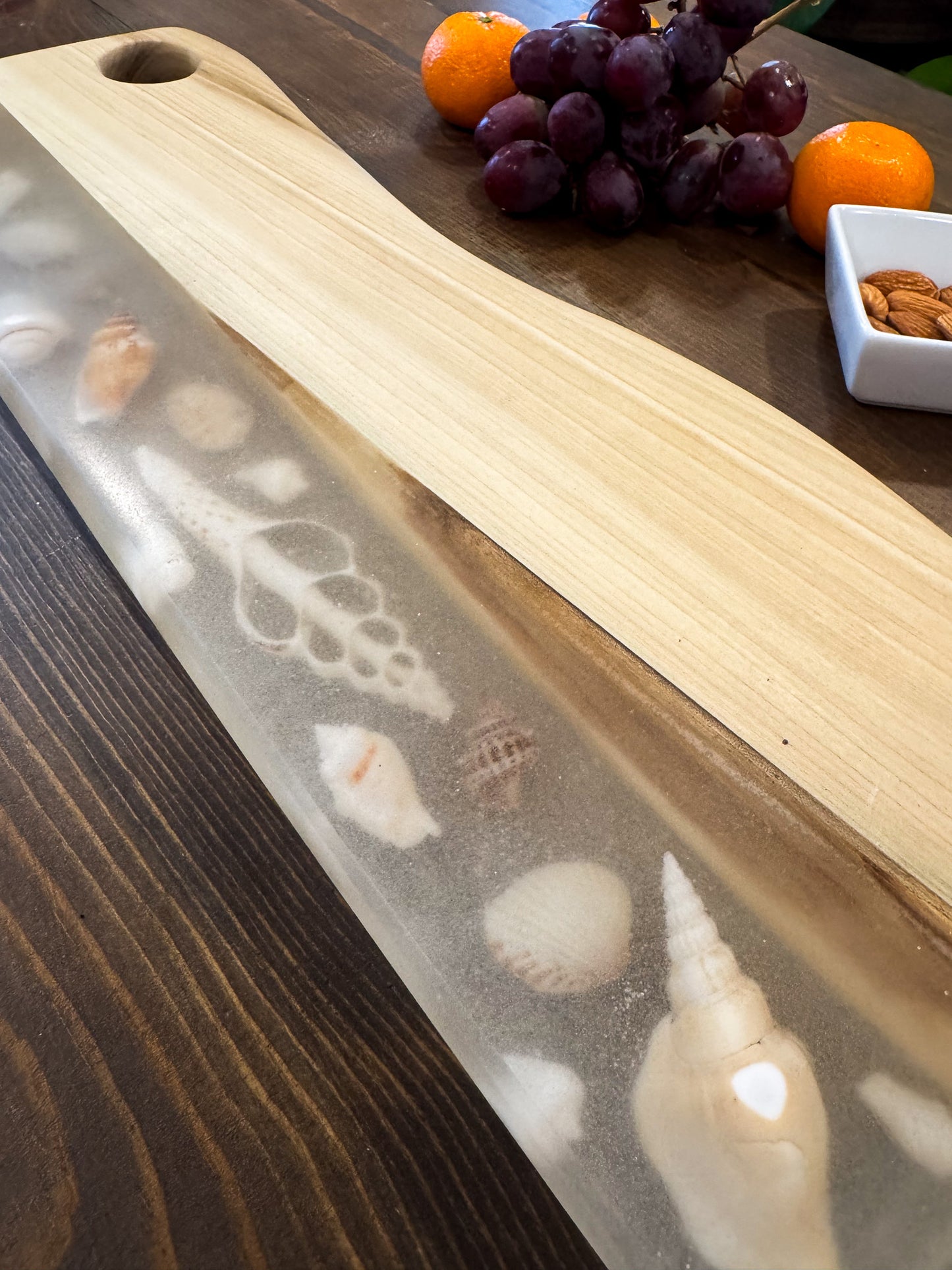 Charcuterie Board, Madrone with Shells in Epoxy.