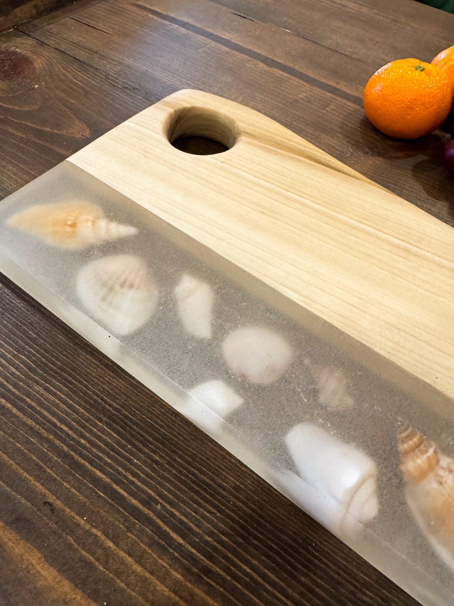 Charcuterie Board, Madrone with Shells in Epoxy.