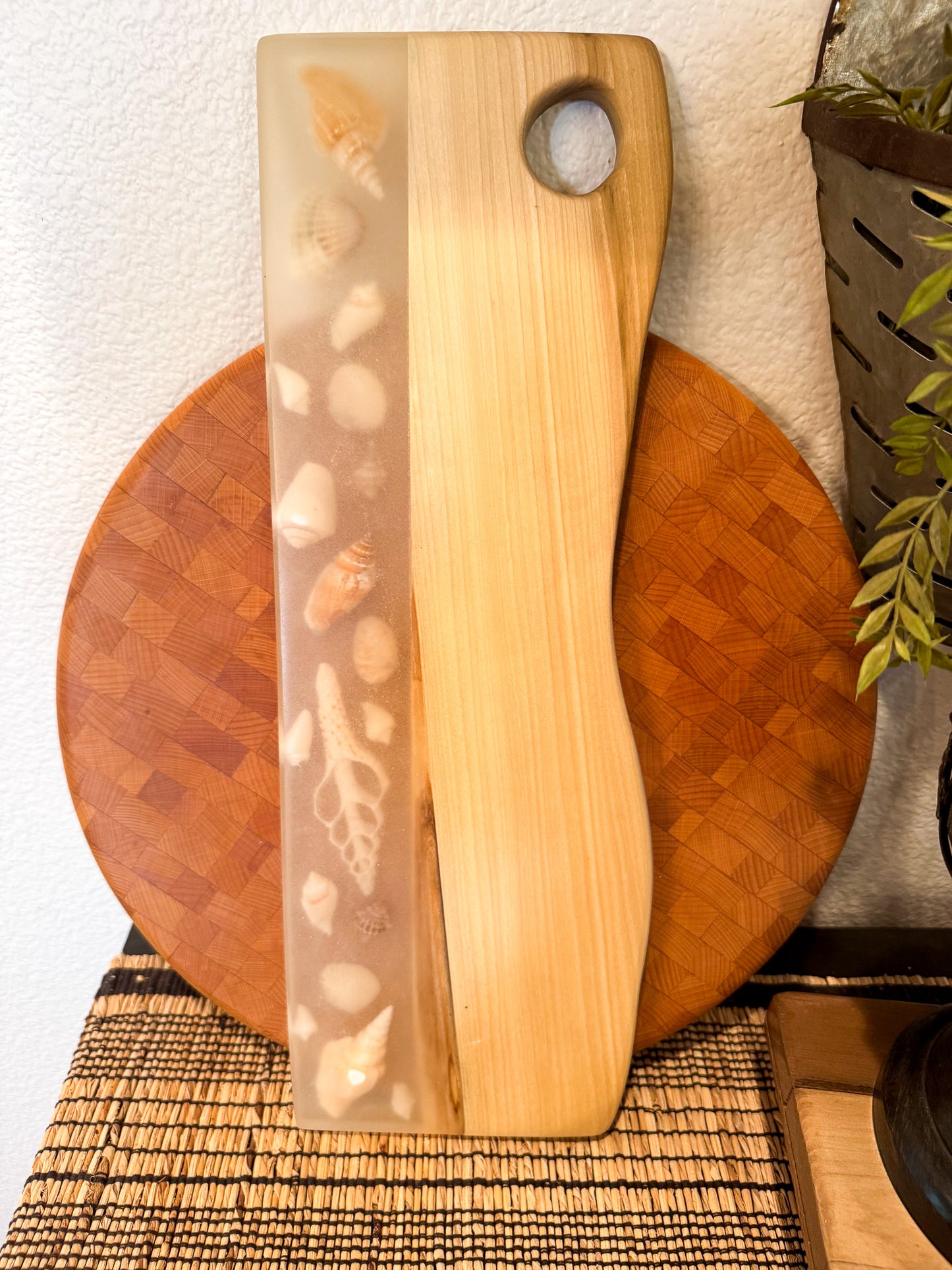 Charcuterie Board, Madrone with Shells in Epoxy.