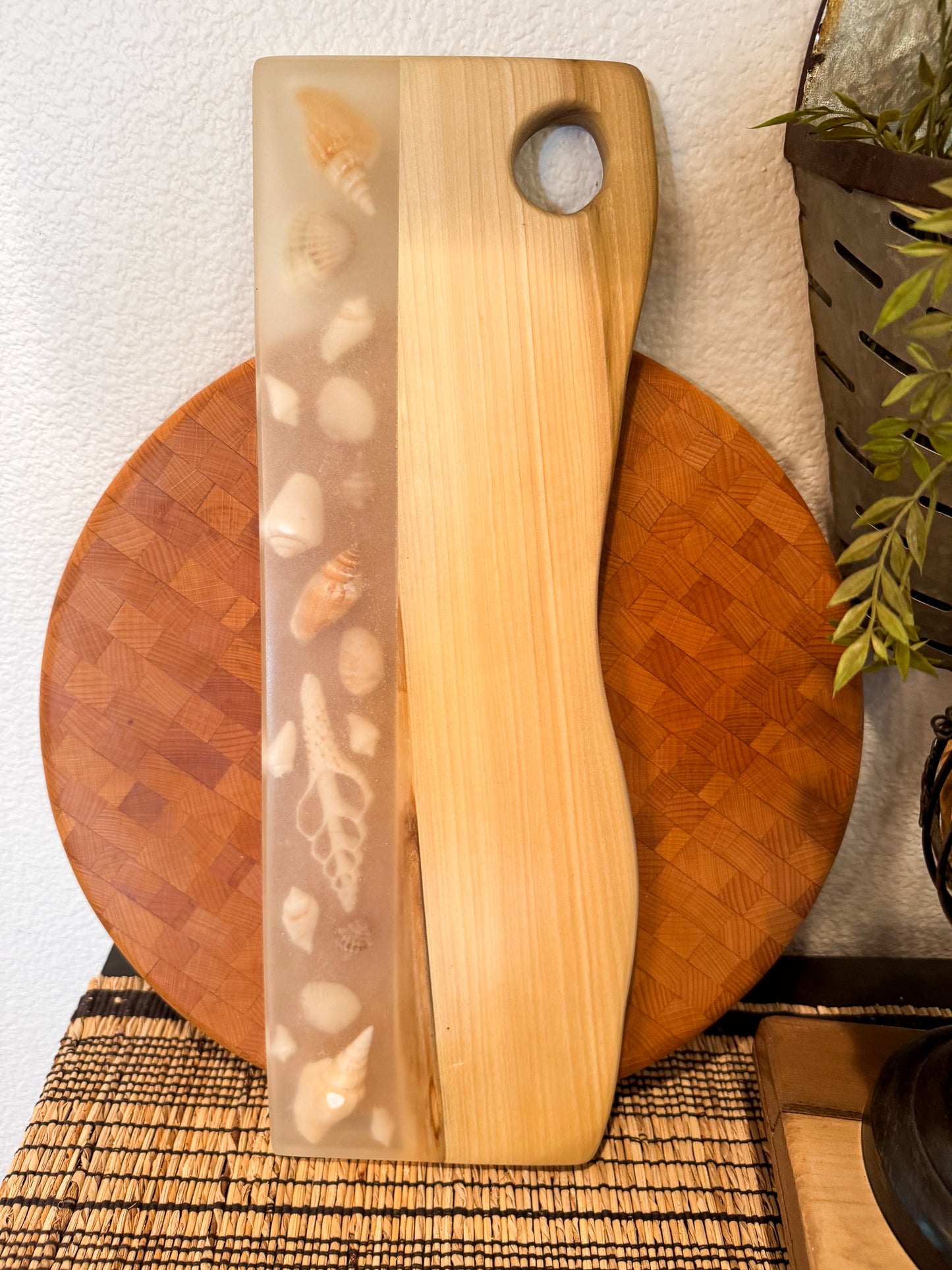 Charcuterie Board, Madrone with Shells in Epoxy.