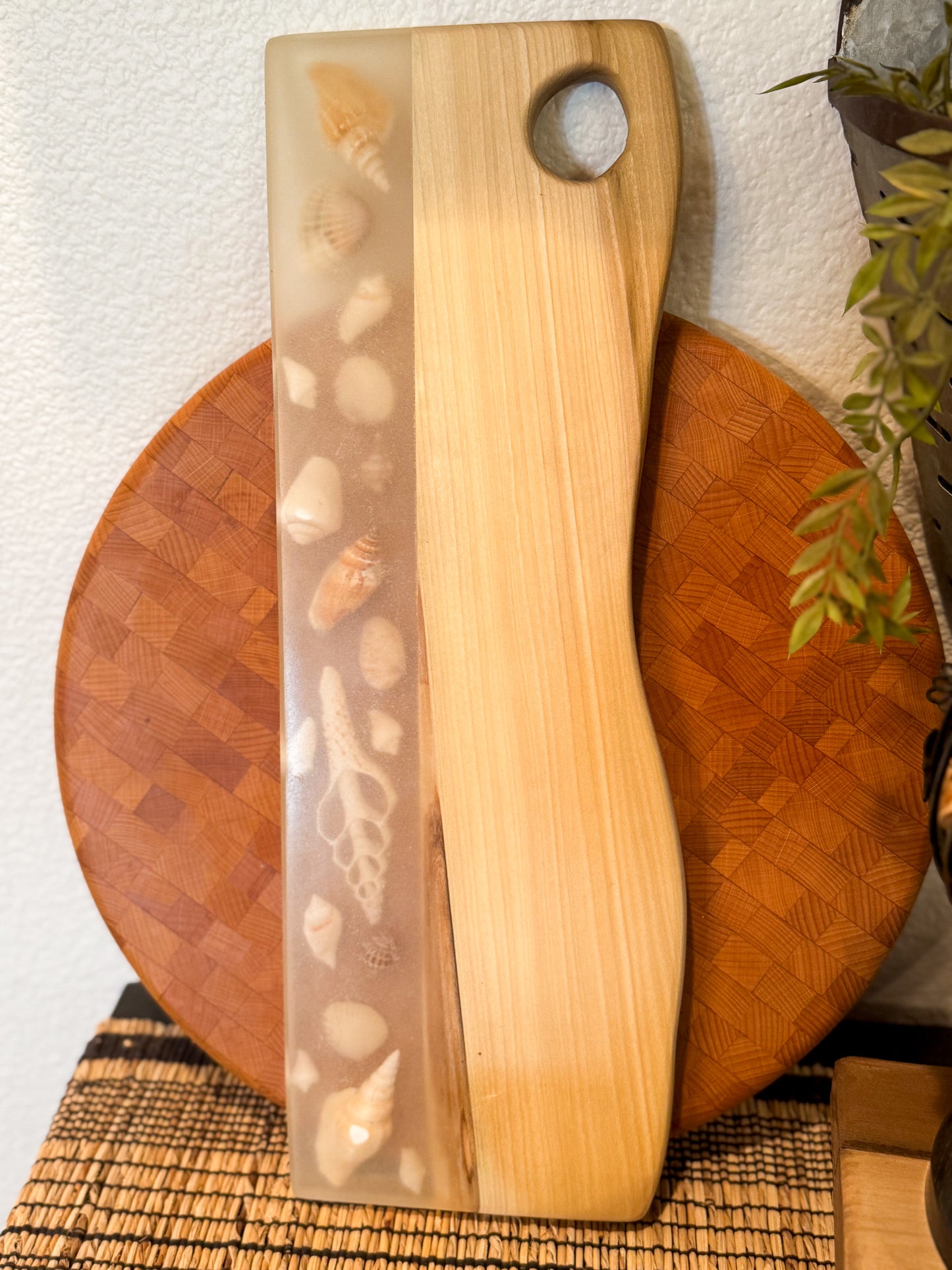 Charcuterie Board, Madrone with Shells in Epoxy.