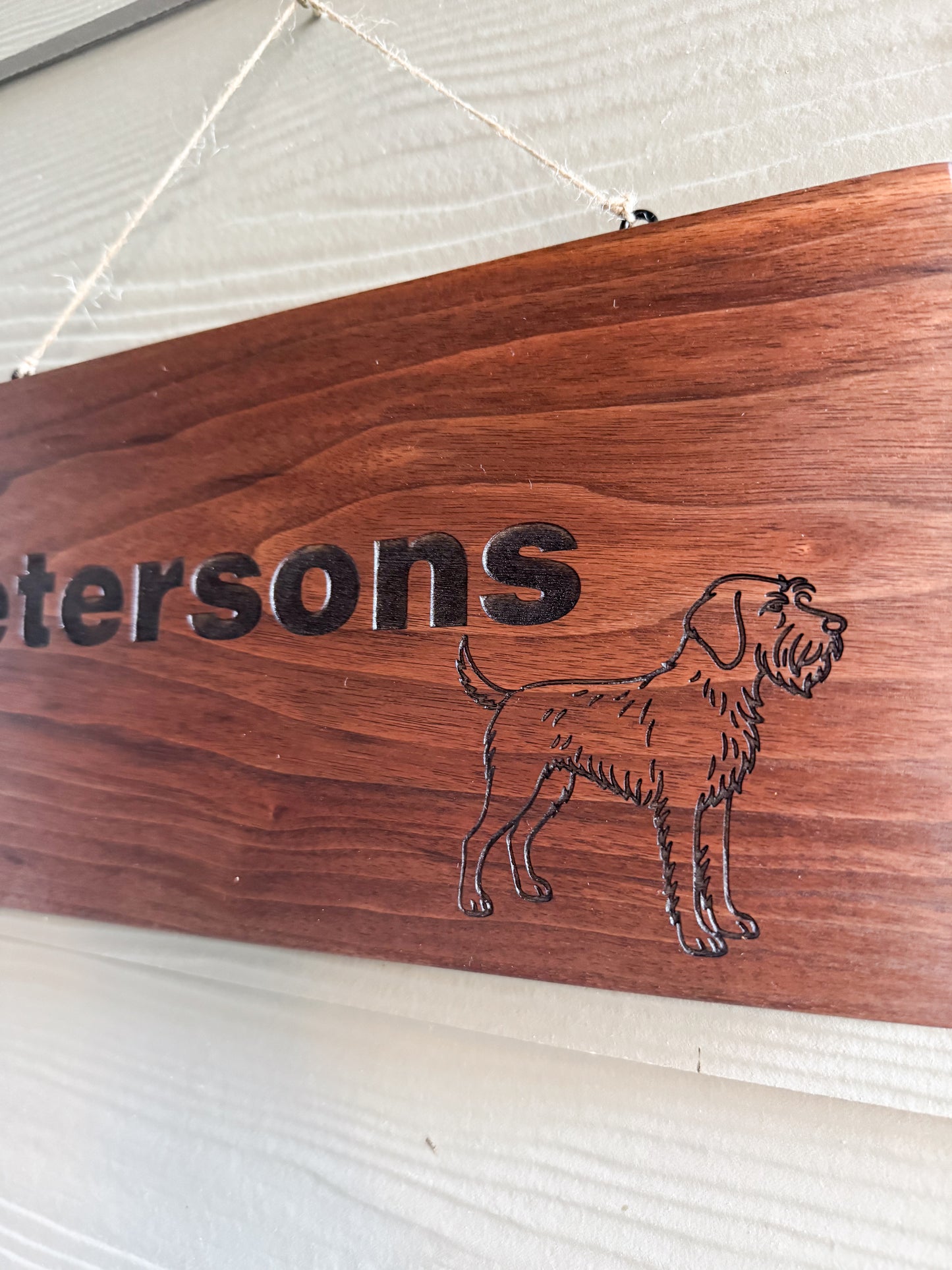 Personalized Walnut Family Name Sign with Custom Dog Breed Engraving - Indoor or covered porch decor