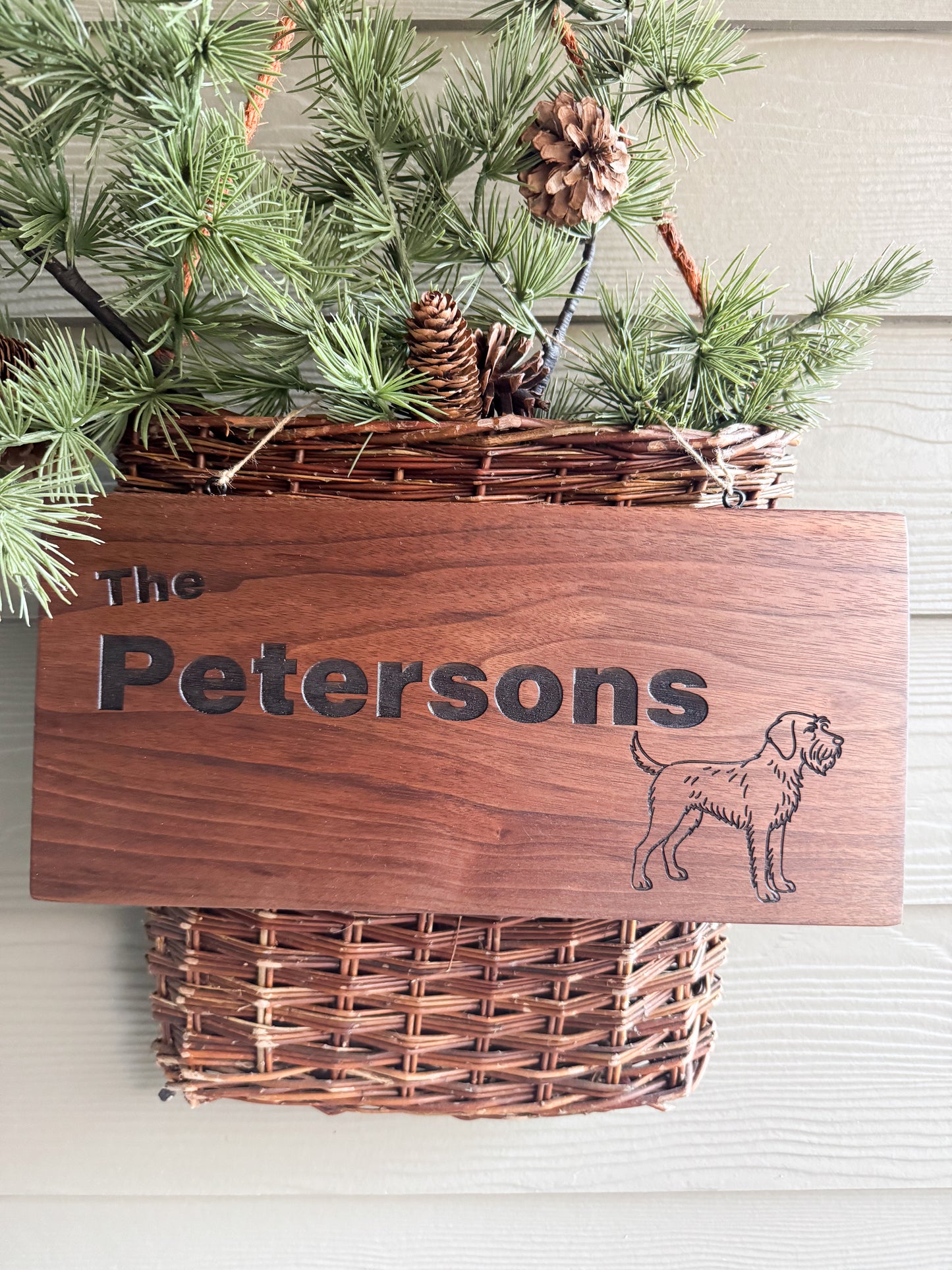 Personalized Walnut Family Name Sign with Custom Dog Breed Engraving - Indoor or covered porch decor