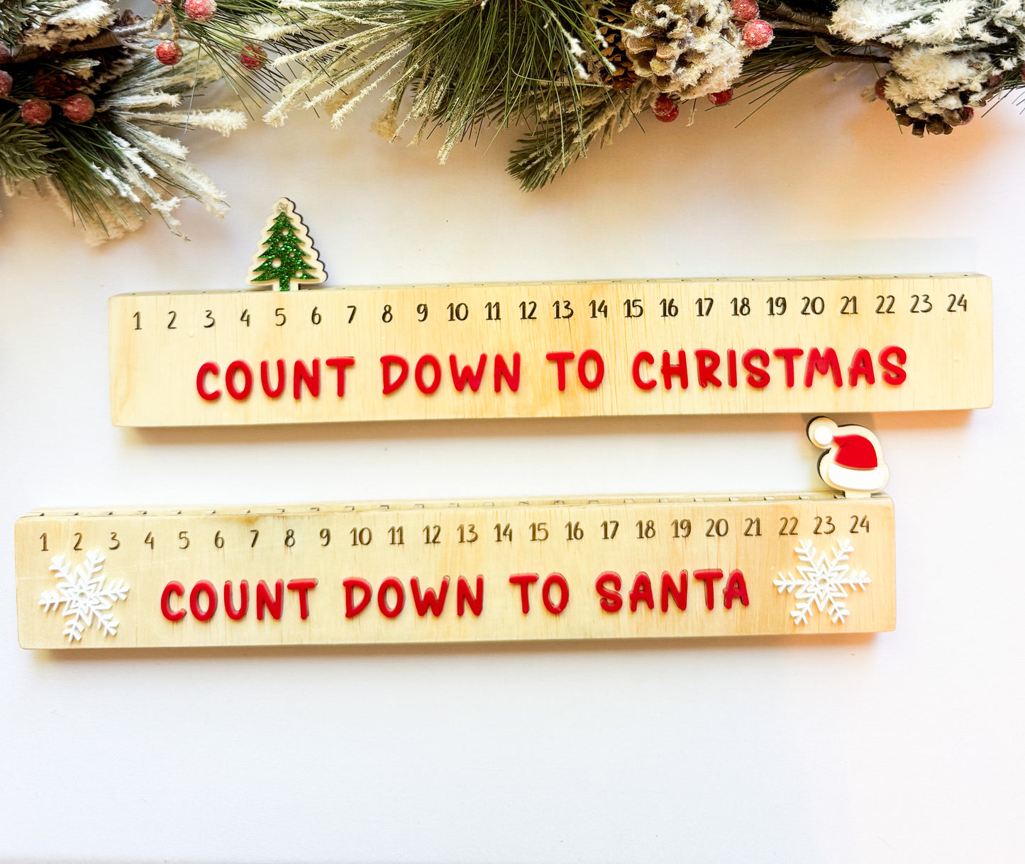Wood Christmas Countdown Calendar | Holiday Advent Countdown | Laser Cut Wooden & Acrylic Decor | Santa Hat or Tree Marker