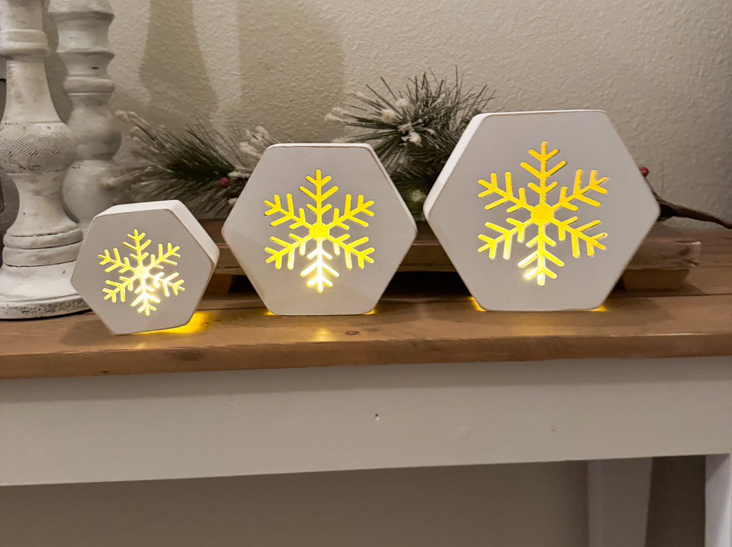 Rustic Wooden Snowflake Tea Light Lanterns – Set of 3