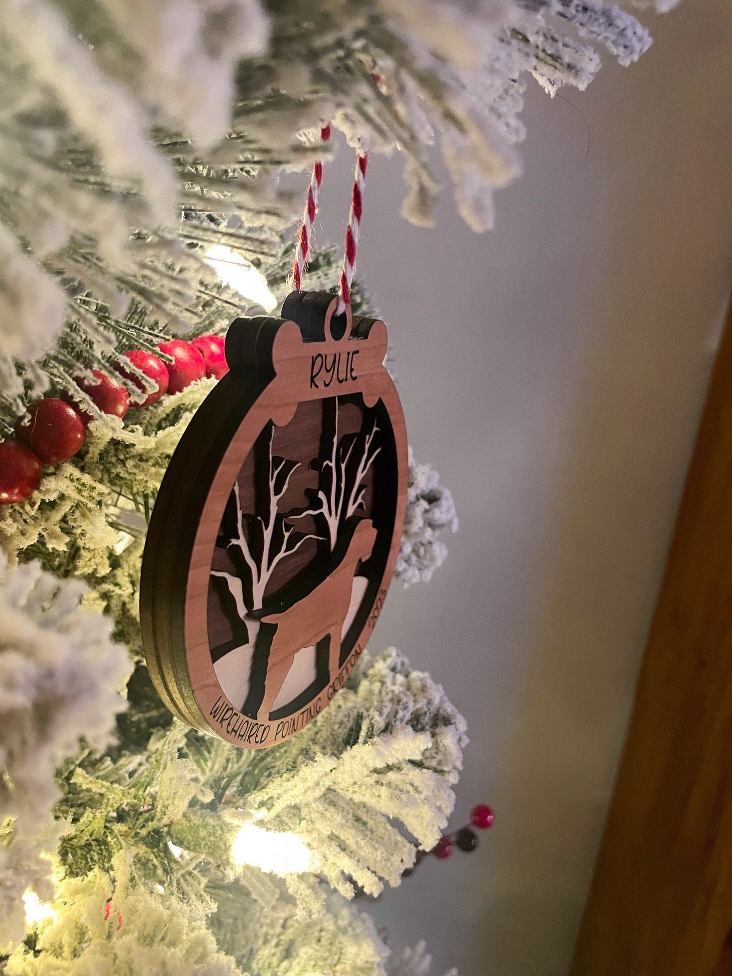 Dog Christmas Ornament, Personalized dog Christmas Ornament, Dogs name and year, 3 layer wood ornament. Made to order with your dog breed.