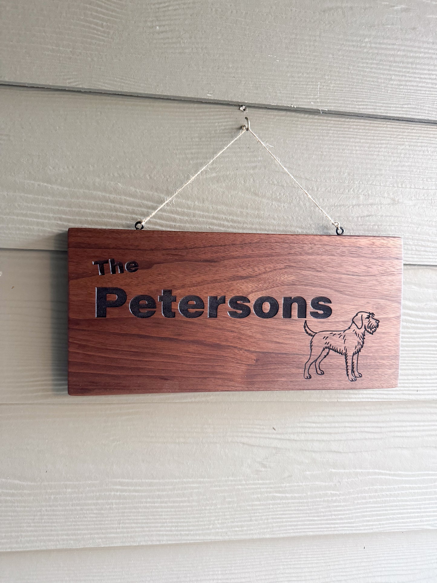 Personalized Walnut Family Name Sign with Custom Dog Breed Engraving - Indoor or covered porch decor