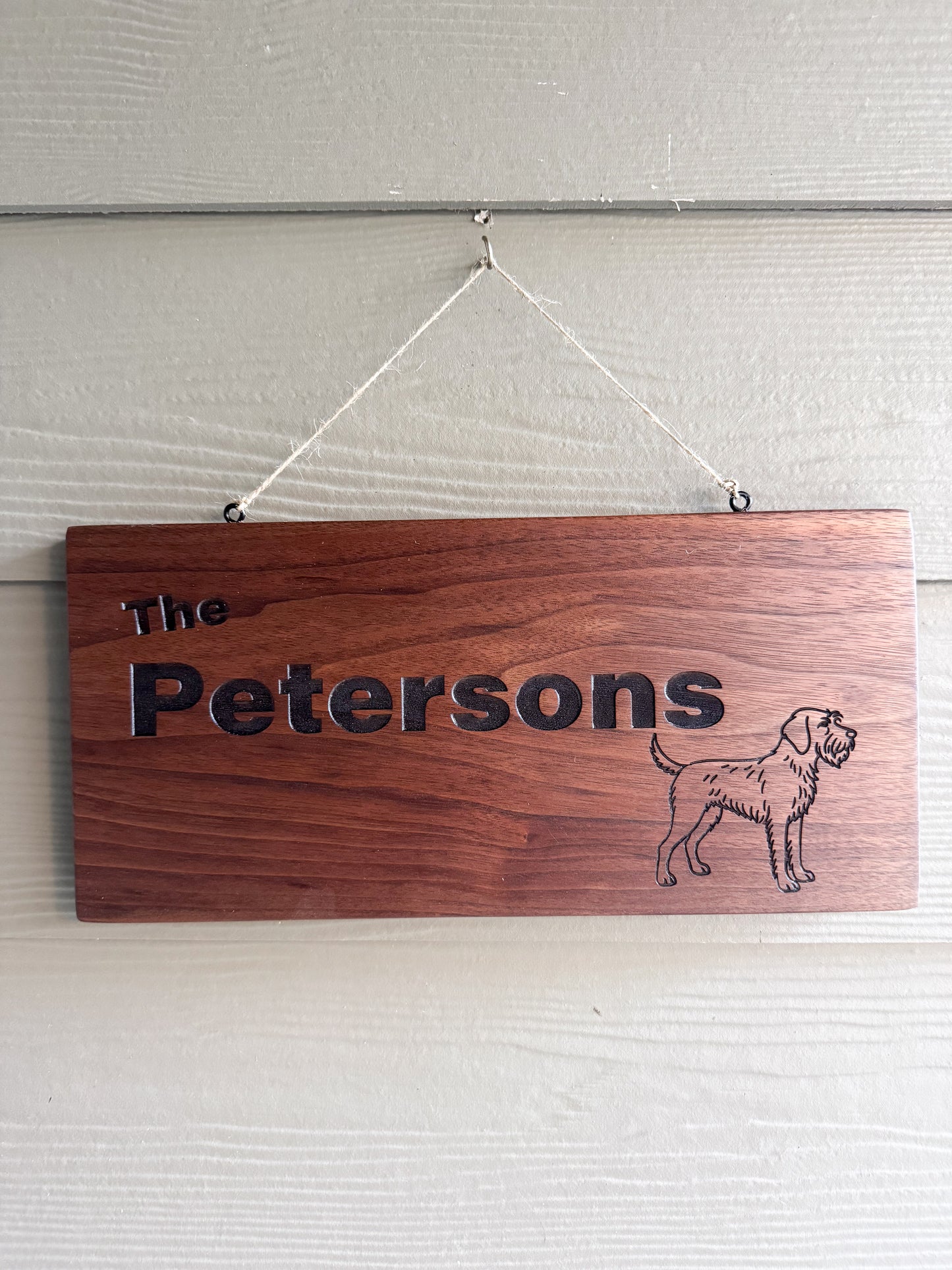 Personalized Walnut Family Name Sign with Custom Dog Breed Engraving - Indoor or covered porch decor
