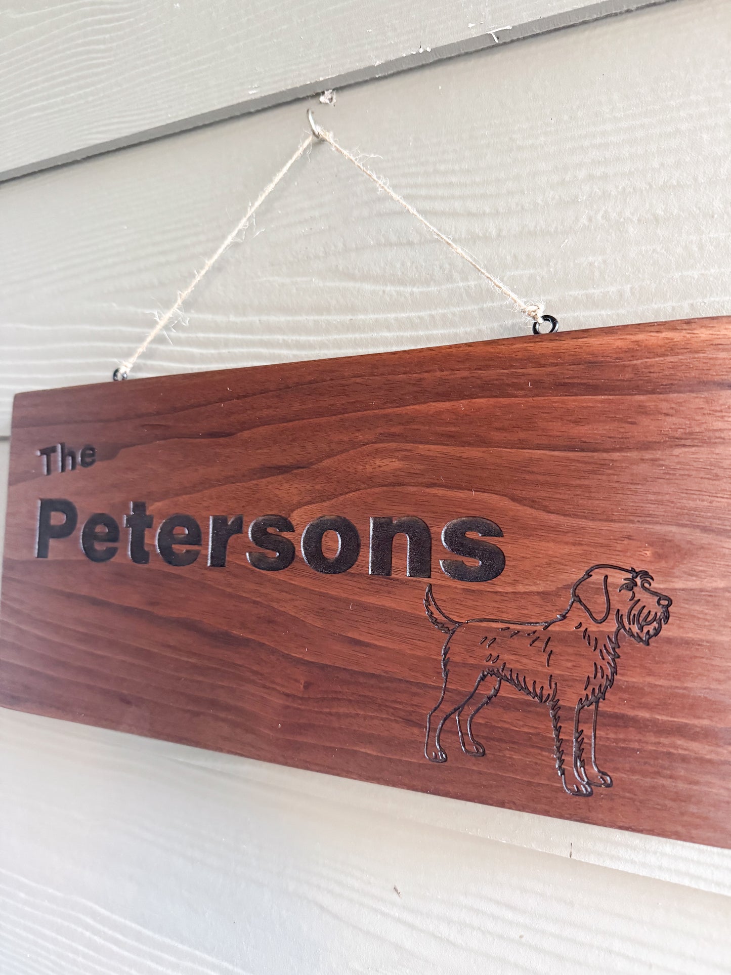 Personalized Walnut Family Name Sign with Custom Dog Breed Engraving - Indoor or covered porch decor