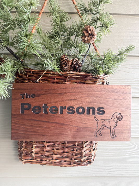 Personalized Walnut Family Name Sign with Custom Dog Breed Engraving - Indoor or covered porch decor