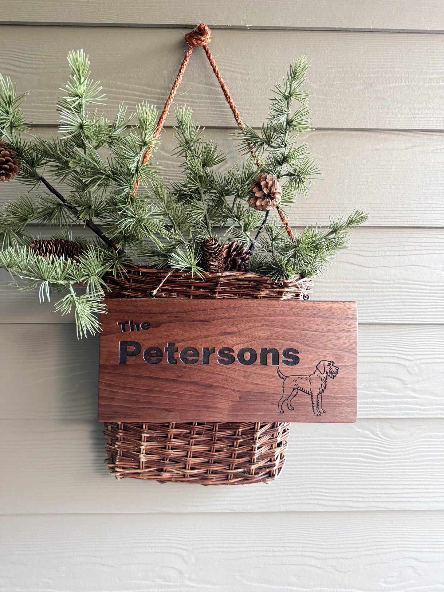 Personalized Walnut Family Name Sign with Custom Dog Breed Engraving - Indoor or covered porch decor