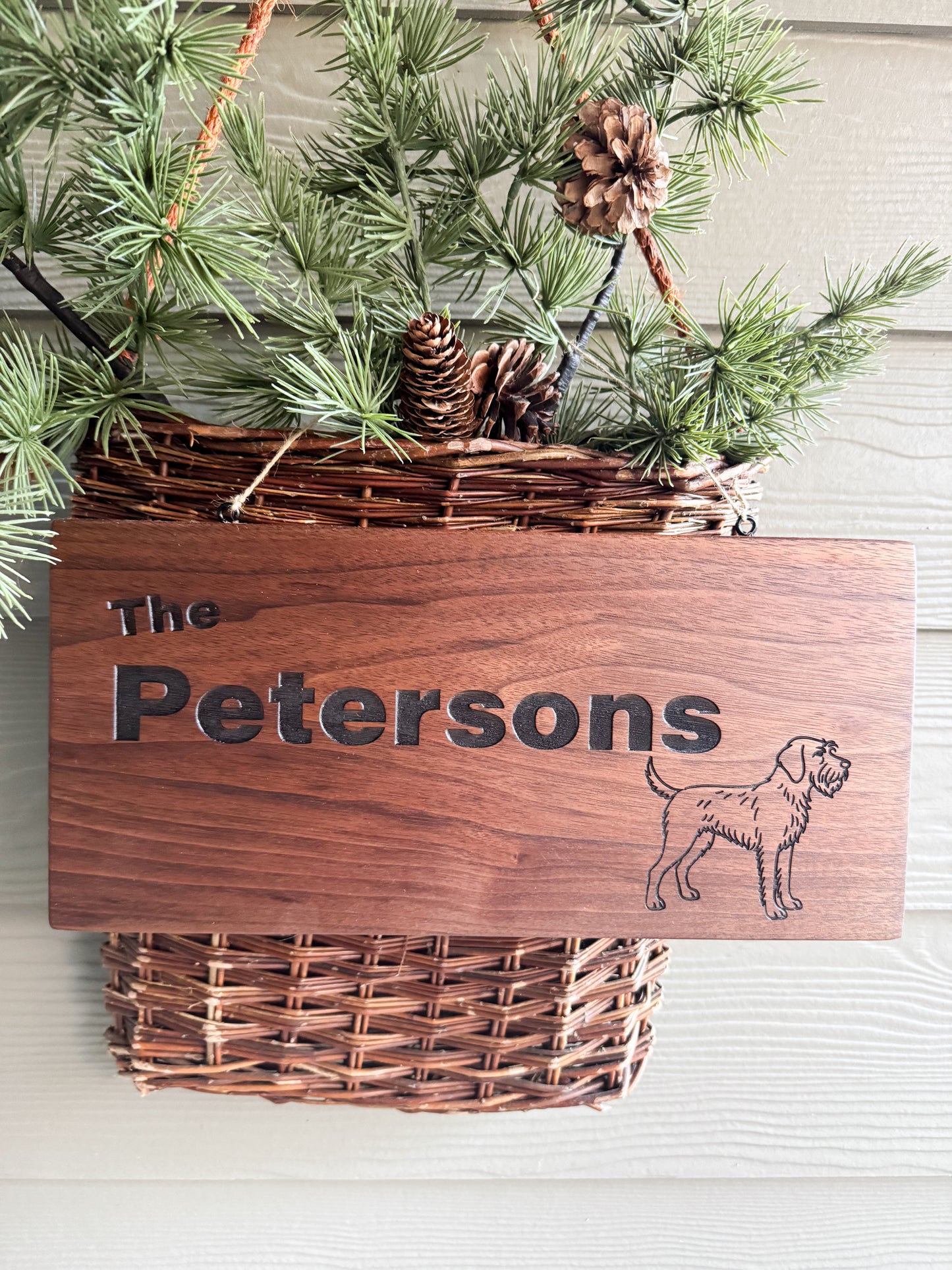 Personalized Walnut Family Name Sign with Custom Dog Breed Engraving - Indoor or covered porch decor