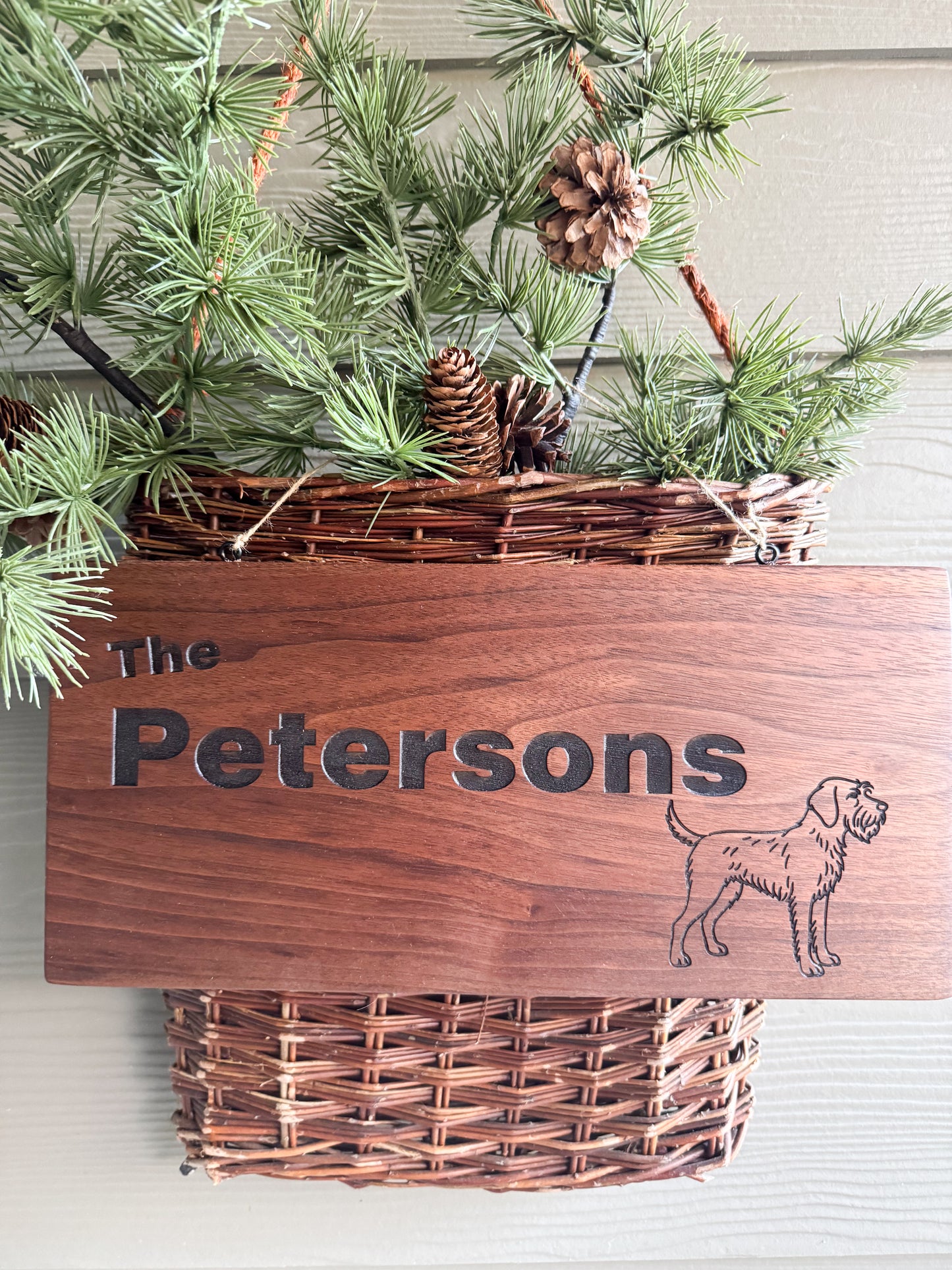Personalized Walnut Family Name Sign with Custom Dog Breed Engraving - Indoor or covered porch decor