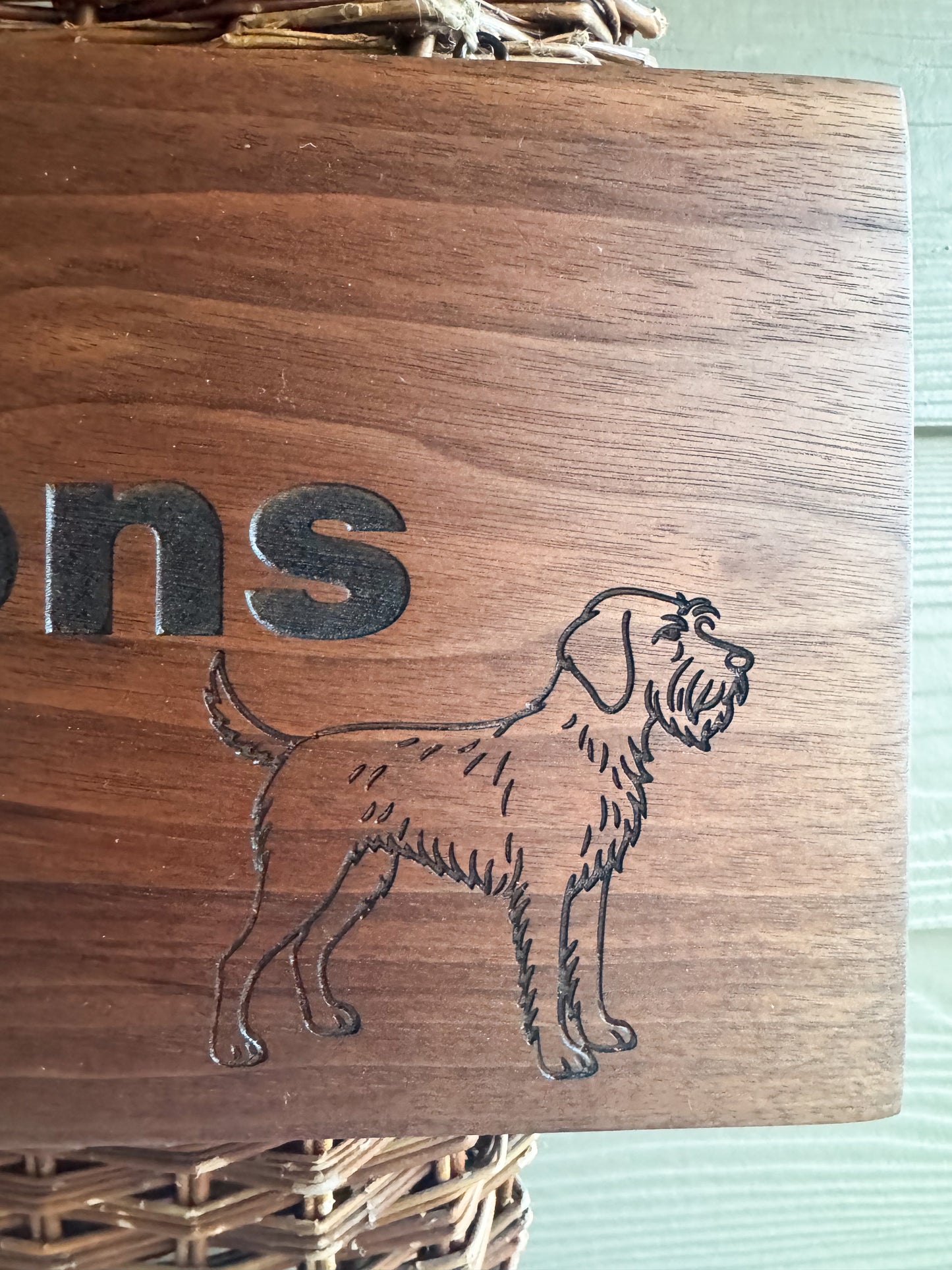 Personalized Walnut Family Name Sign with Custom Dog Breed Engraving - Indoor or covered porch decor
