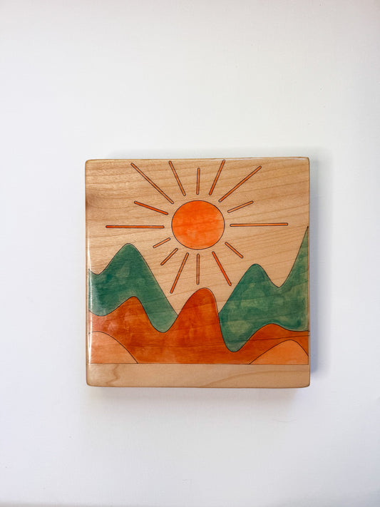 Sunset mountain scene. Modern, minimalistic design