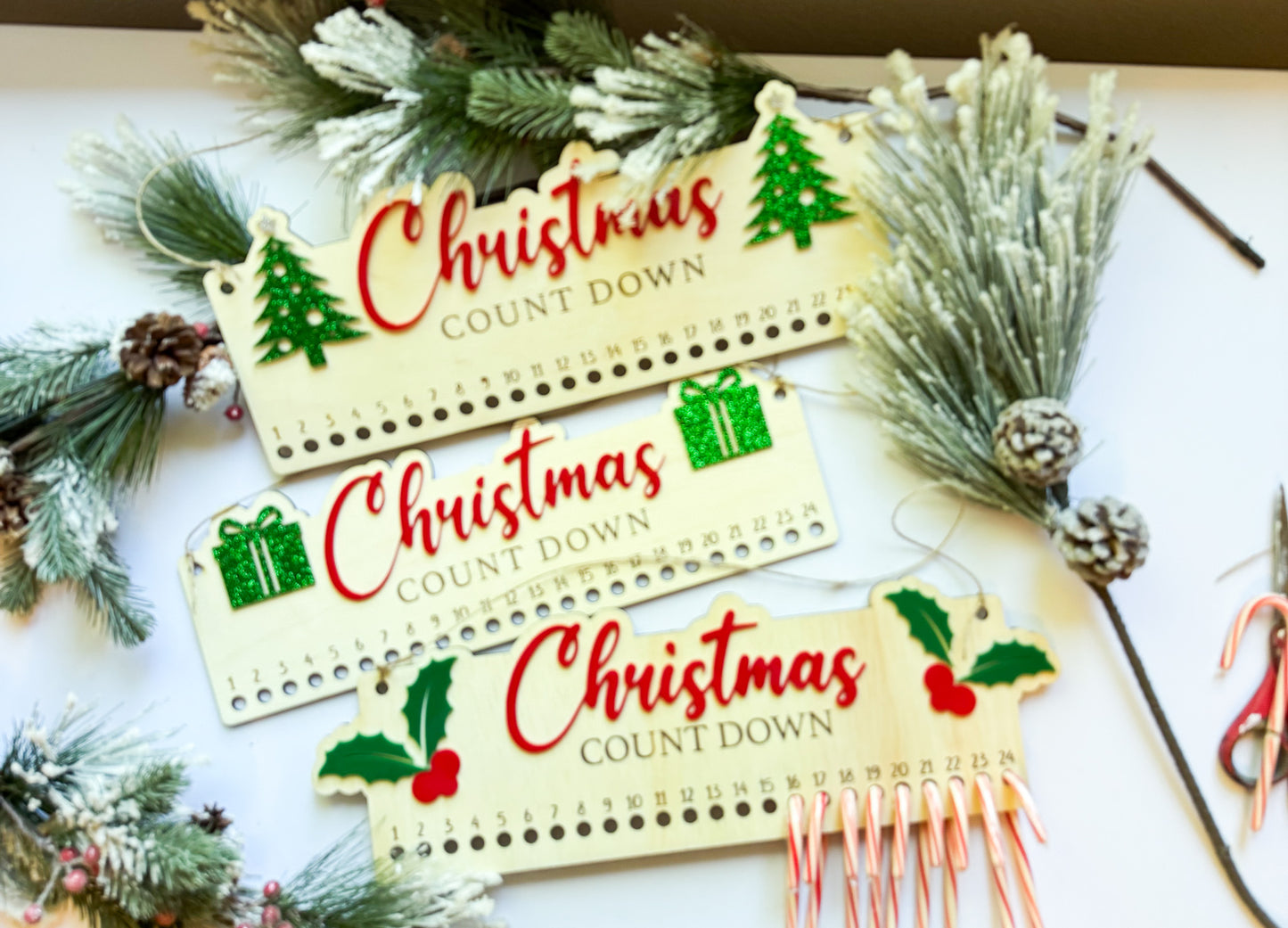 Christmas Countdown Candy Cane Holder | Wooden Advent Calendar | Laser Cut Holiday Decor | 3 Designs – Holly, Presents, Tree