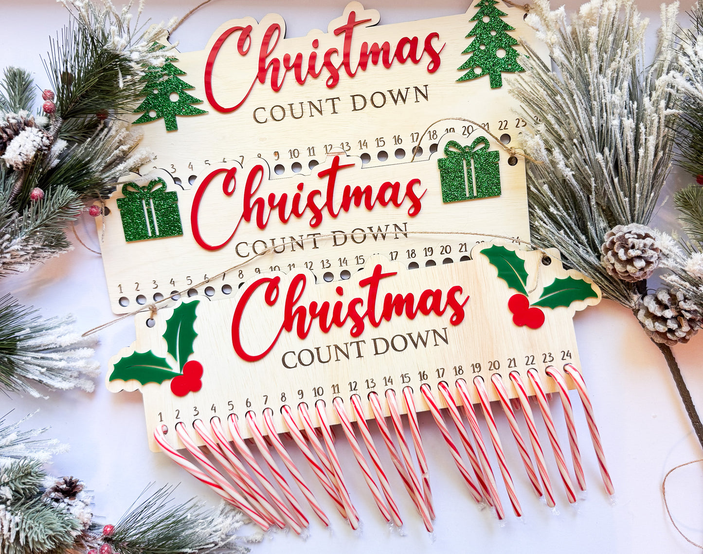 Christmas Countdown Candy Cane Holder | Wooden Advent Calendar | Laser Cut Holiday Decor | 3 Designs – Holly, Presents, Tree