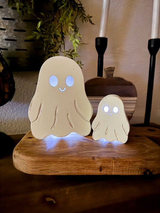 Rustic Wooden Ghost Tea Light Lanterns – Set of 2