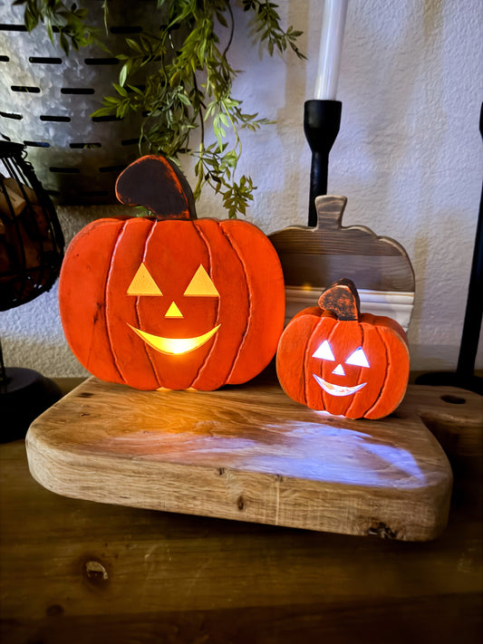 Rustic Wooden Pumpkin Tea Light Lanterns – Set of 2
