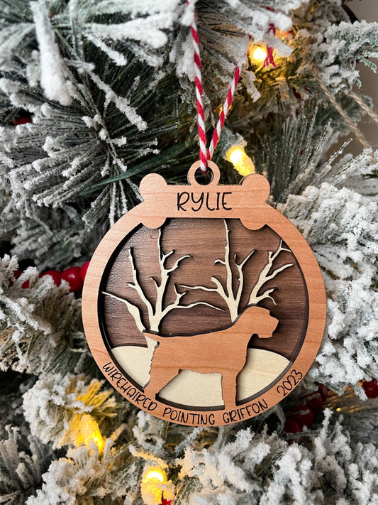 Dog Christmas Ornament, Personalized dog Christmas Ornament, Dogs name and year, 3 layer wood ornament. Made to order with your dog breed.