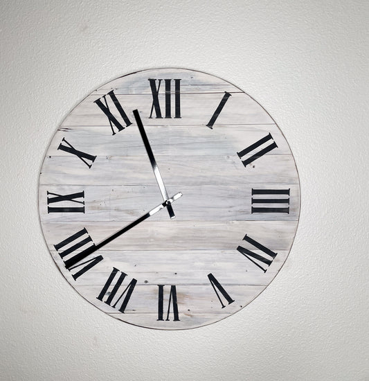 Clock, farmhouse rustic white washed clock.  Black roman numerals with black hands.
