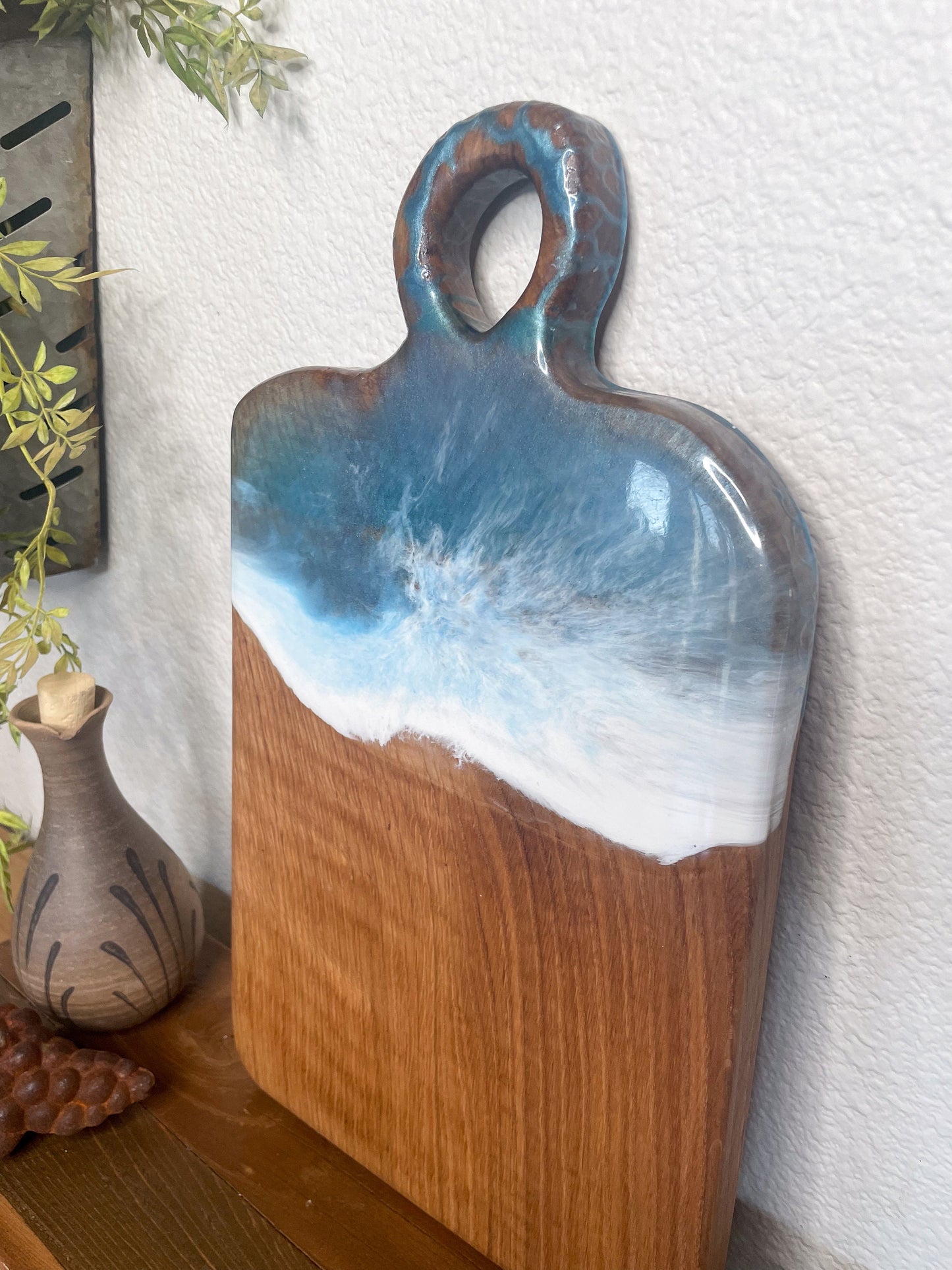 Wood and epoxy "wave" tray.  Ocean wave epoxy on an oak wood tray.