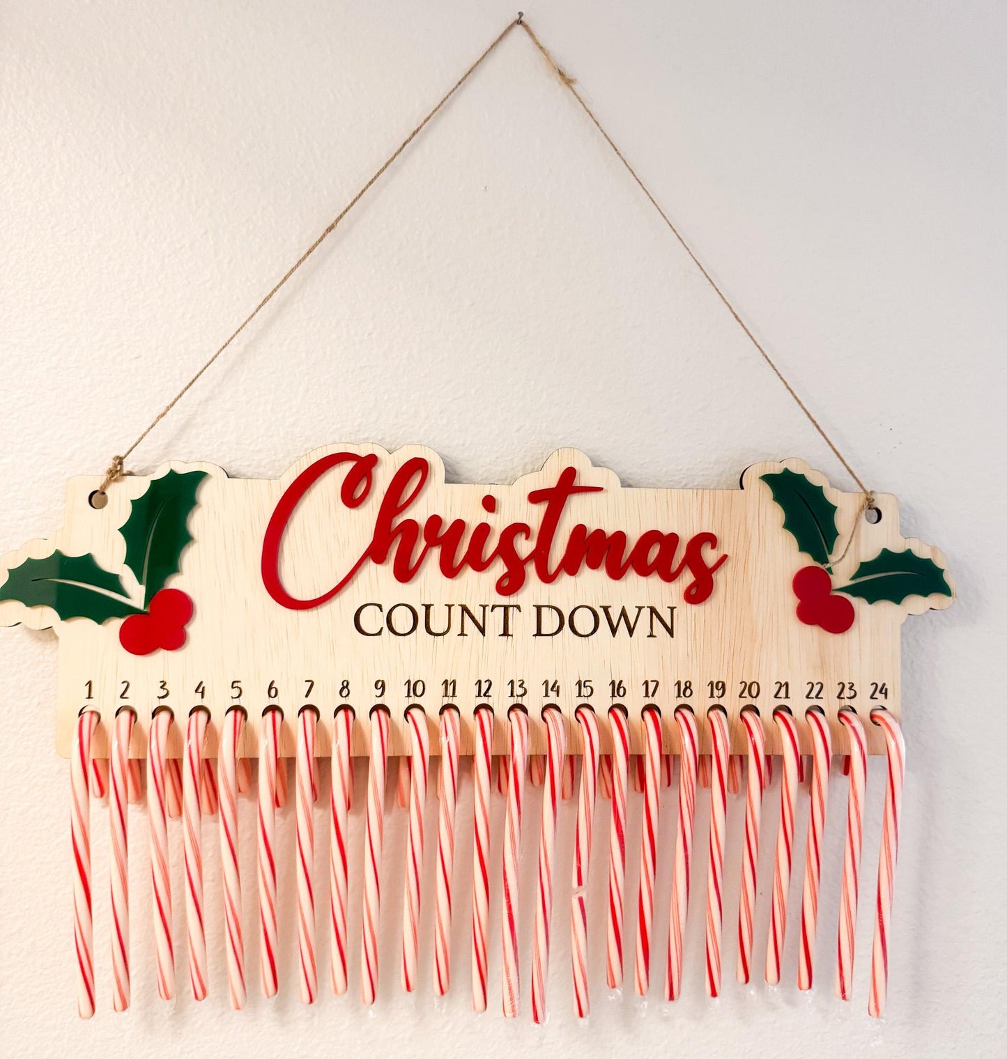 Christmas Countdown Candy Cane Holder | Wooden Advent Calendar | Laser Cut Holiday Decor | 3 Designs  Holly, Presents, Christmas Tree