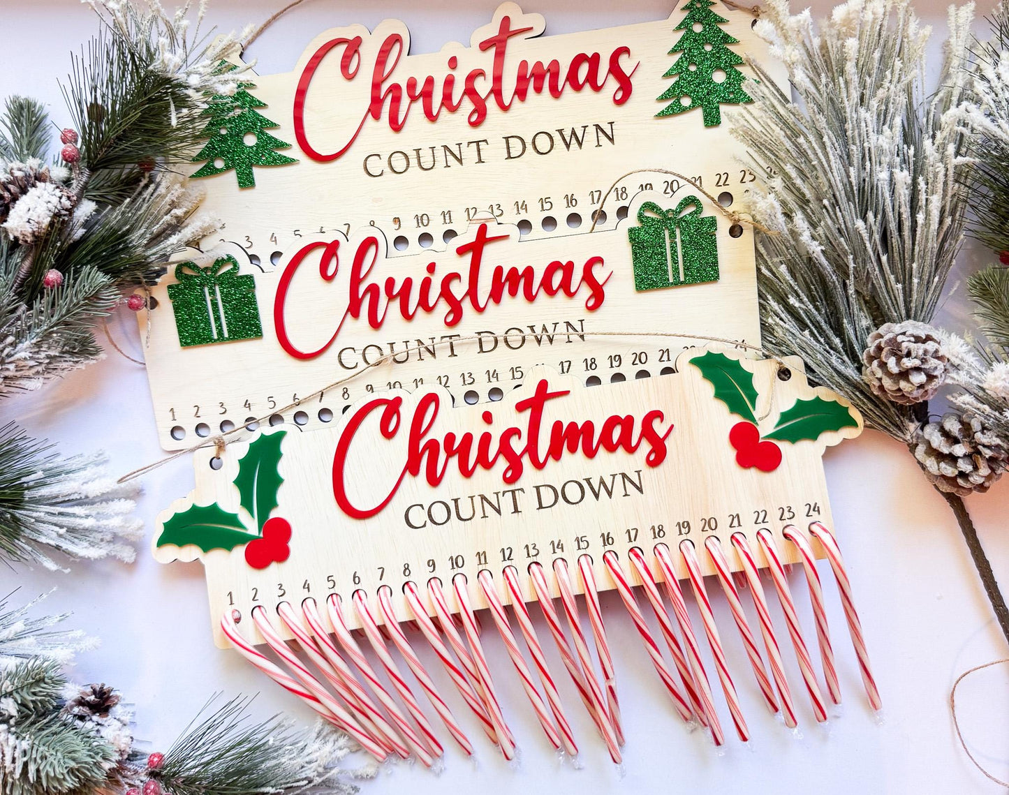 Christmas Countdown Candy Cane Holder | Wooden Advent Calendar | Laser Cut Holiday Decor | 3 Designs  Holly, Presents, Christmas Tree