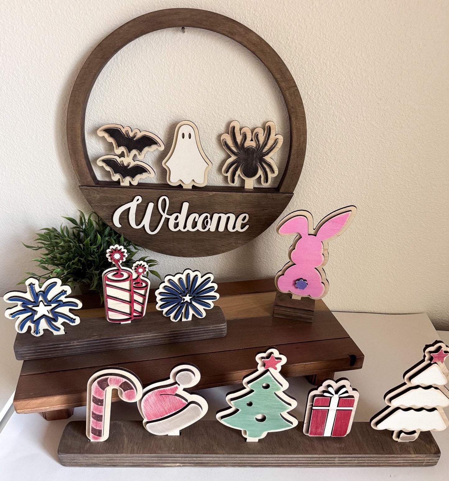 Interchangeable Holiday Wood Bases  4 Styles, Shelf or Wall Hanger Display
