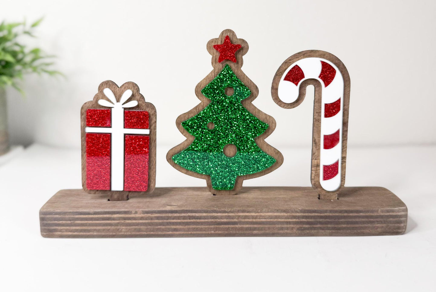 Interchangeable Christmas Shelf Decor, Wood Base with Candy Cane, Tree, Present Inserts