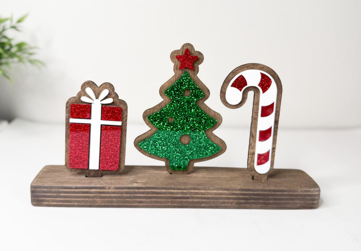Interchangeable Christmas Shelf Decor, Wood Base with Candy Cane, Tree, Present Inserts