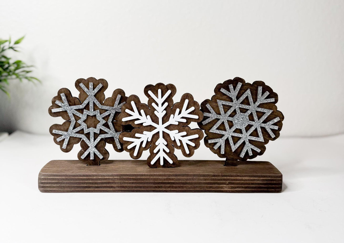 Winter Season shelf decor, interchangeable. 3 different snowflakes.  Changeable inserts all year round.