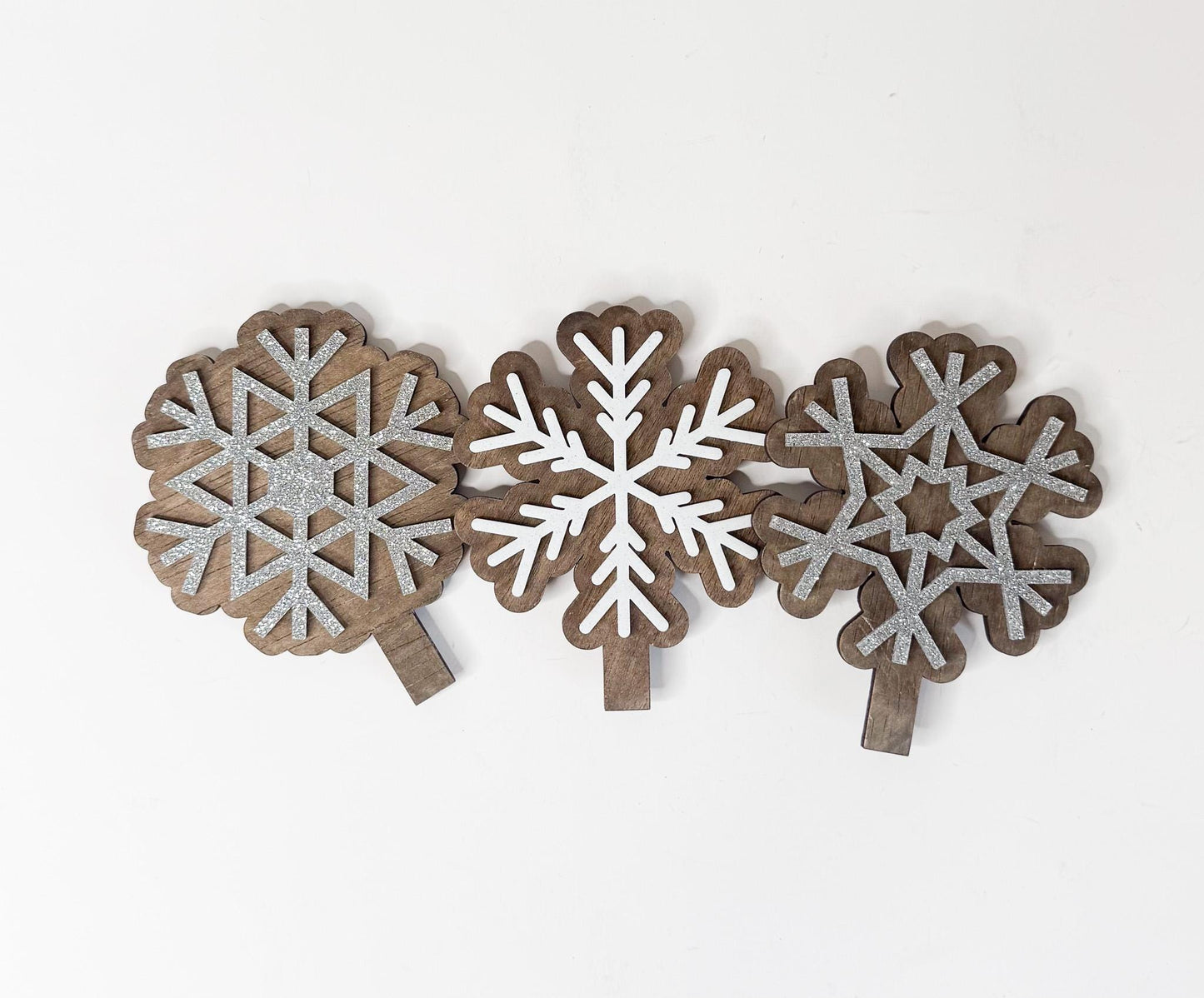 Winter Season shelf decor, interchangeable. 3 different snowflakes.  Changeable inserts all year round.