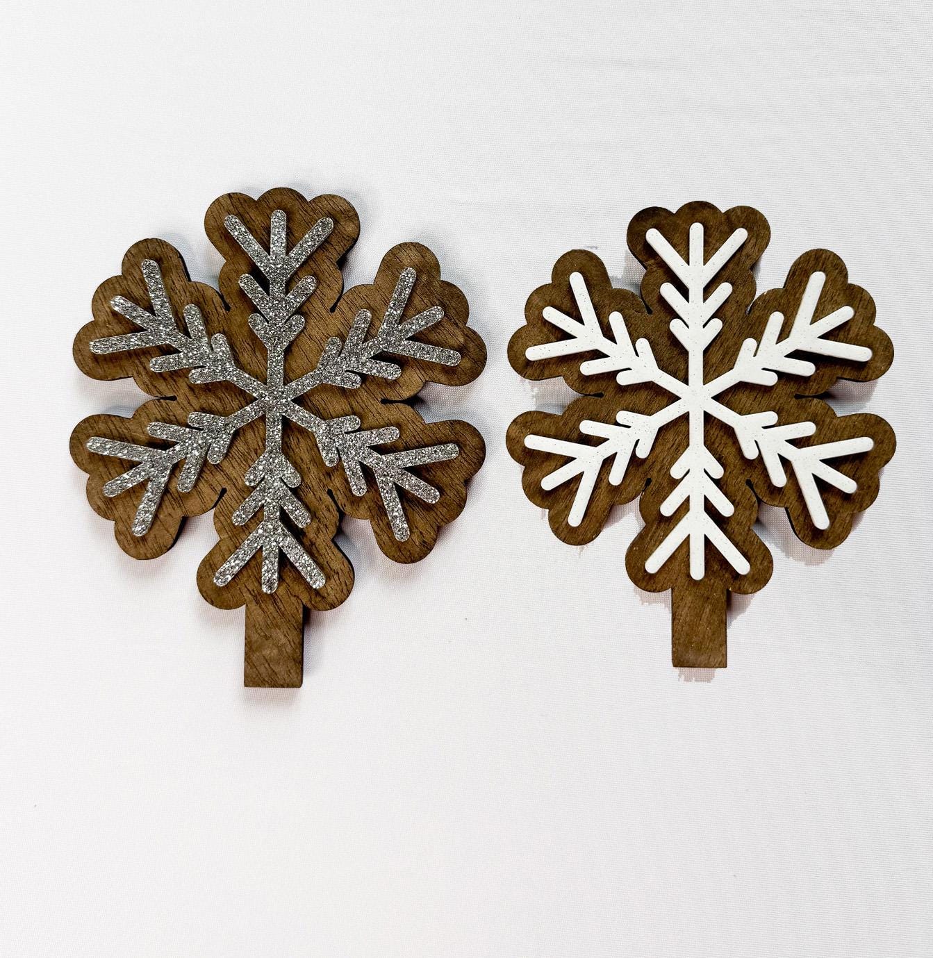 Winter Season shelf decor, interchangeable. 3 different snowflakes.  Changeable inserts all year round.