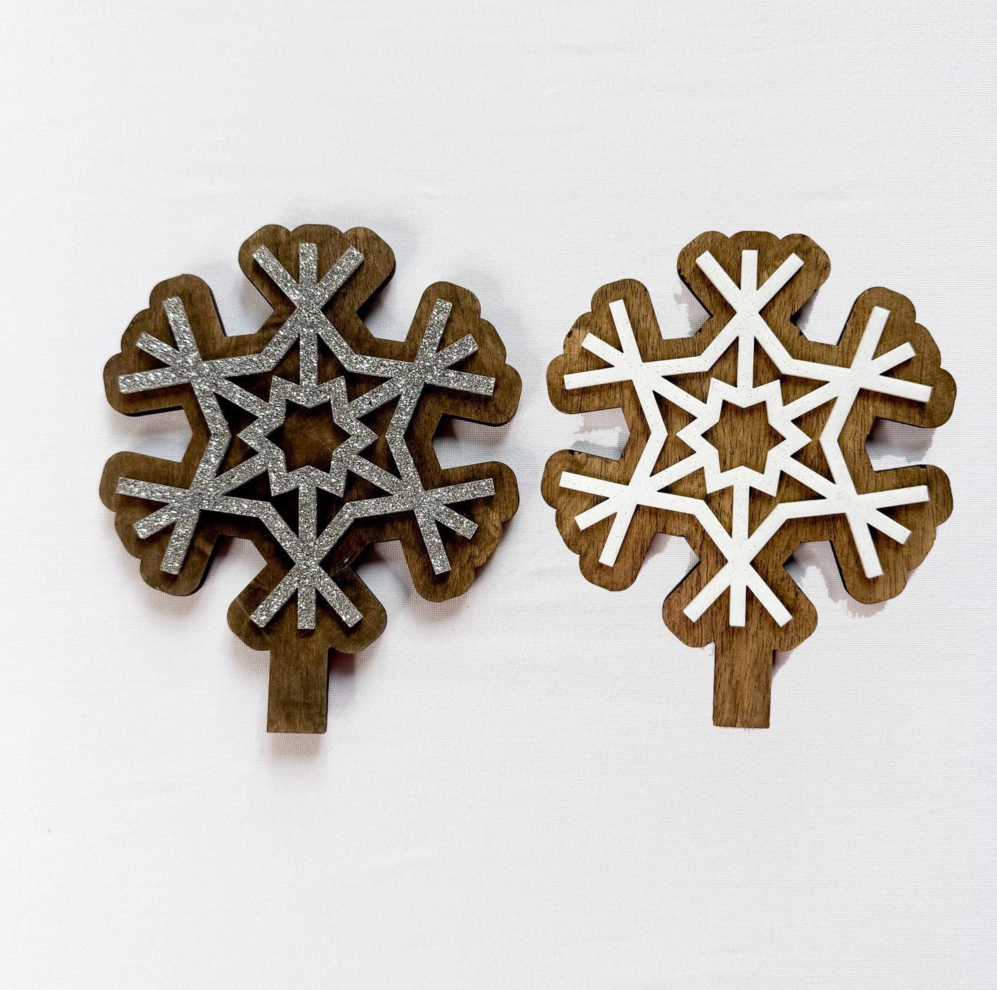 Winter Season shelf decor, interchangeable. 3 different snowflakes.  Changeable inserts all year round.