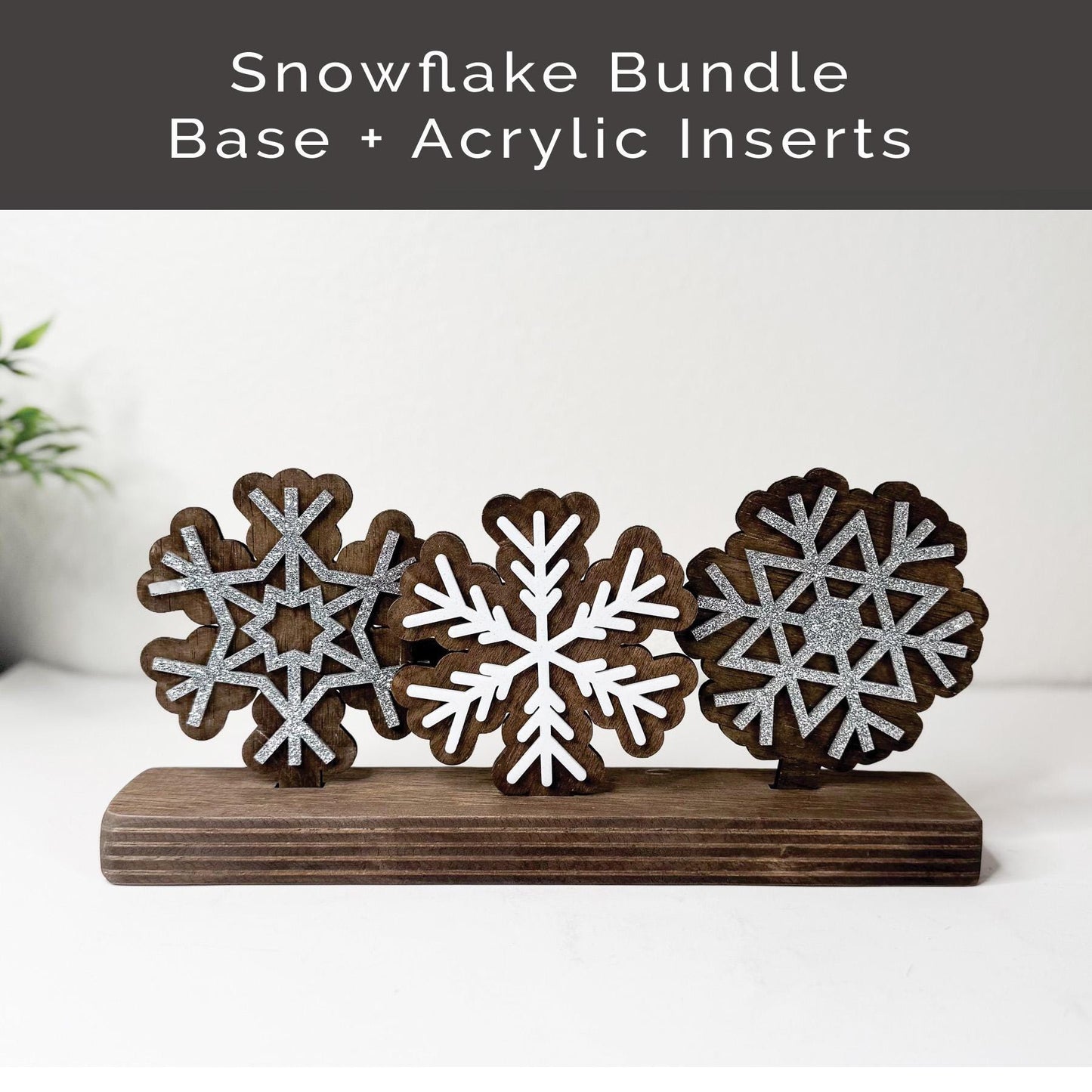 Winter Season shelf decor, interchangeable. 3 different snowflakes.  Changeable inserts all year round.