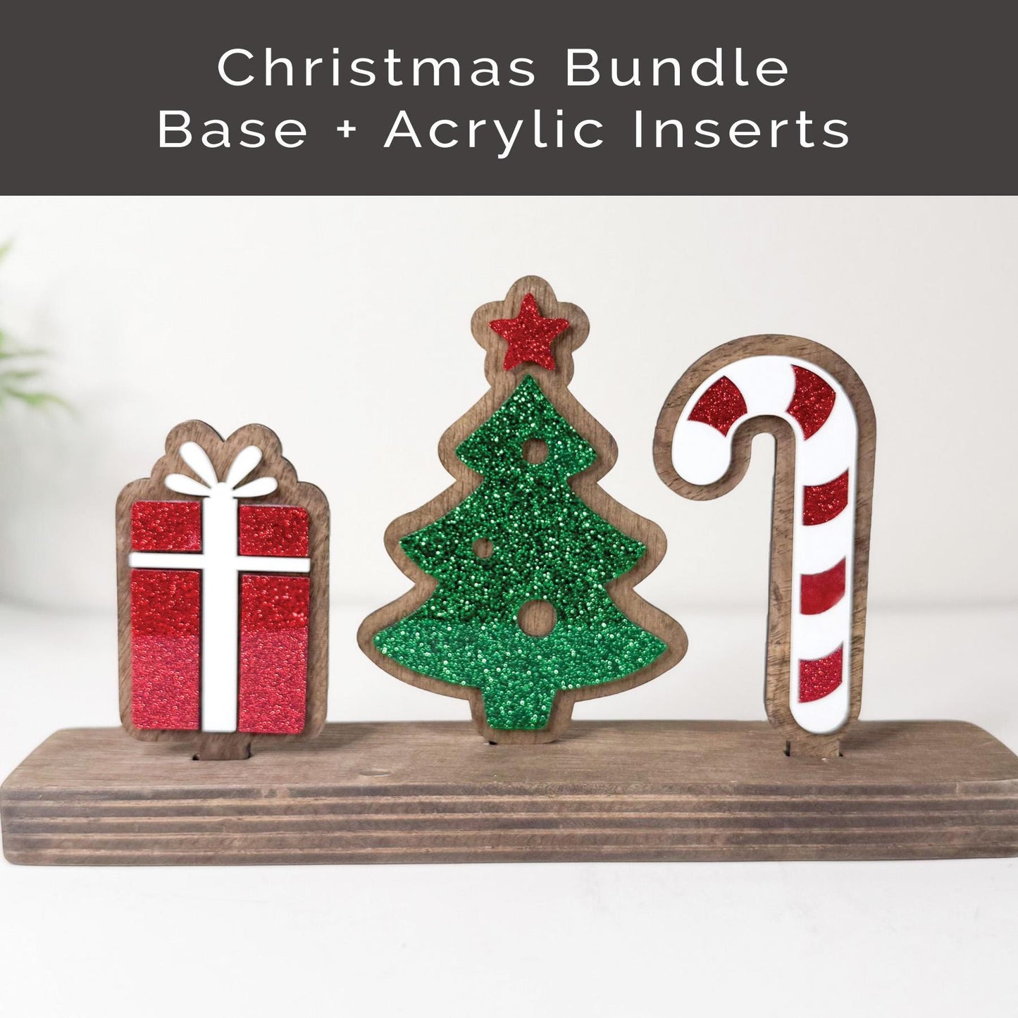 Interchangeable Christmas Shelf Decor, Wood Base with Candy Cane, Tree, Present Inserts