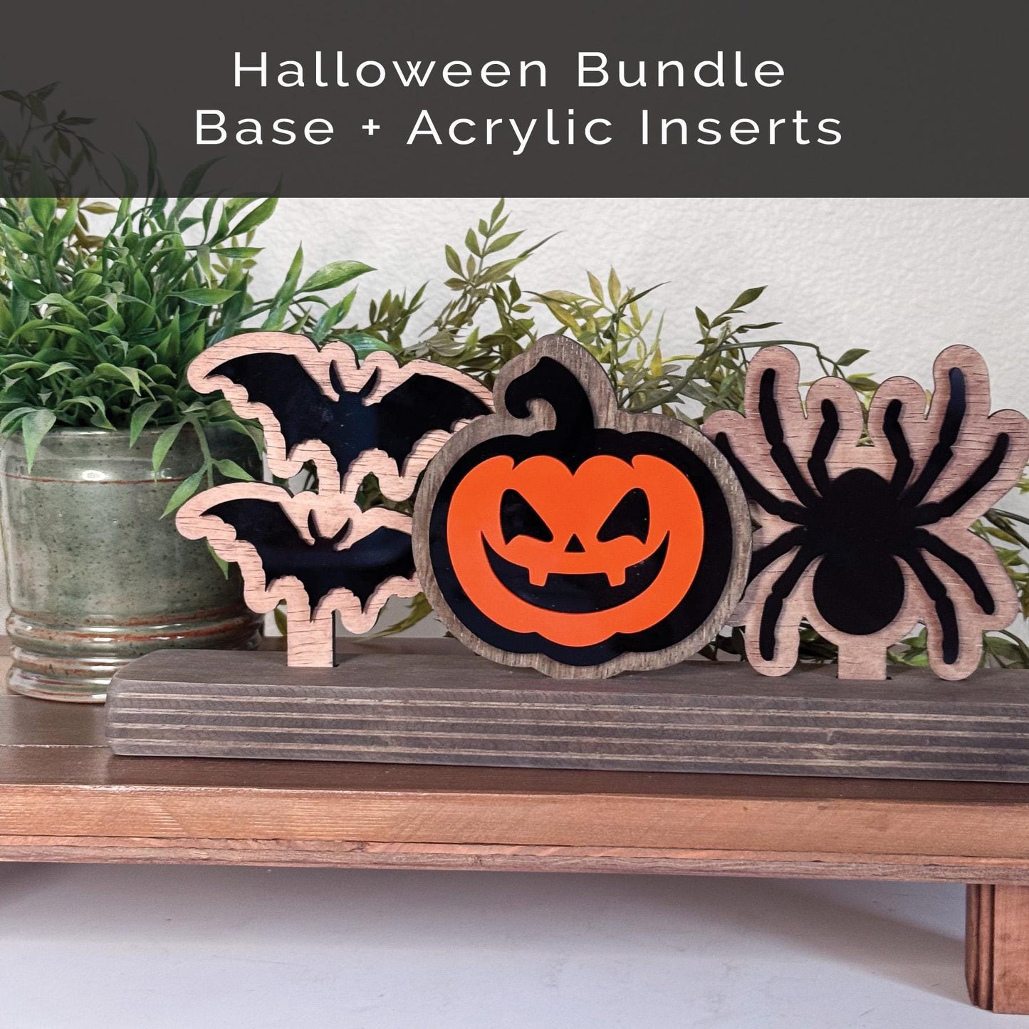 Halloween shelf decor, interchangeable.  Spider, Jack o Lantern and bats