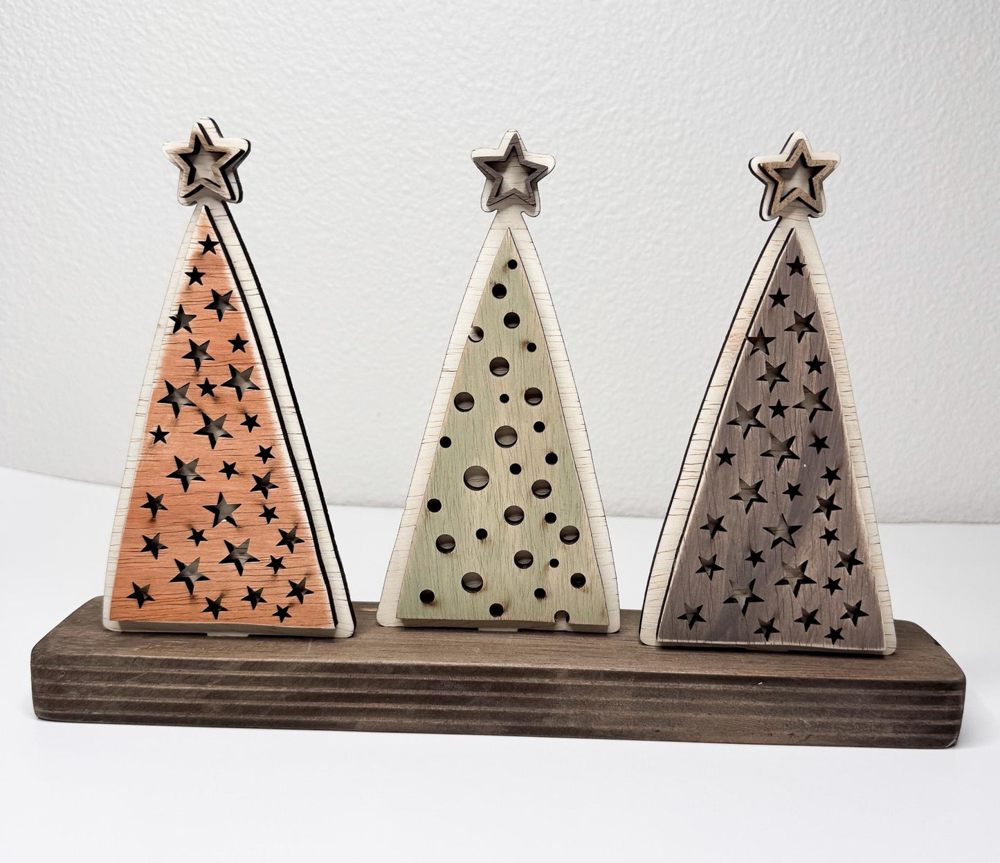 Rustic Christmas Tree Bundle  Set of 3 Wood Trees with Shelf Base