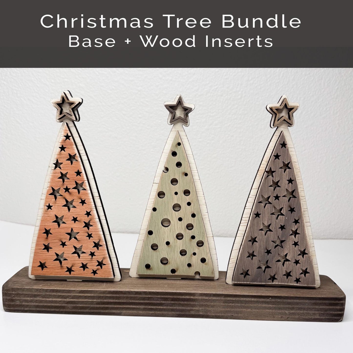 Rustic Christmas Tree Bundle  Set of 3 Wood Trees with Shelf Base