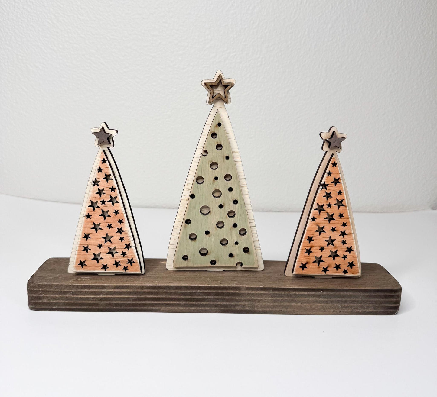 Rustic Christmas Tree Bundle  Set of 3 Wood Trees with Shelf Base