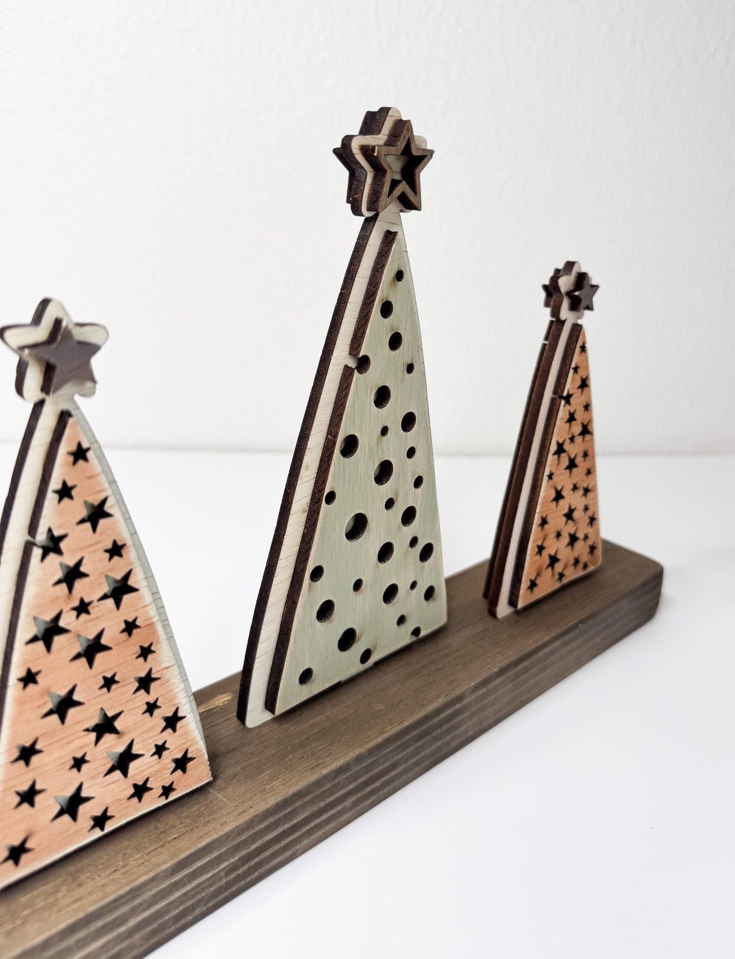 Rustic Christmas Tree Bundle  Set of 3 Wood Trees with Shelf Base