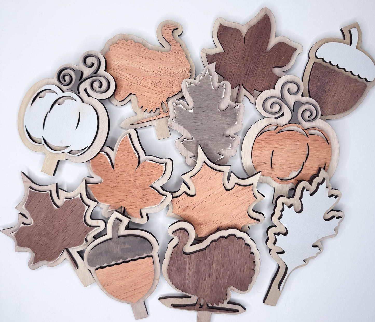 Thanksgiving Fall shelf decor, interchangeable.  Leaf, Acorn, Pumpkin + base